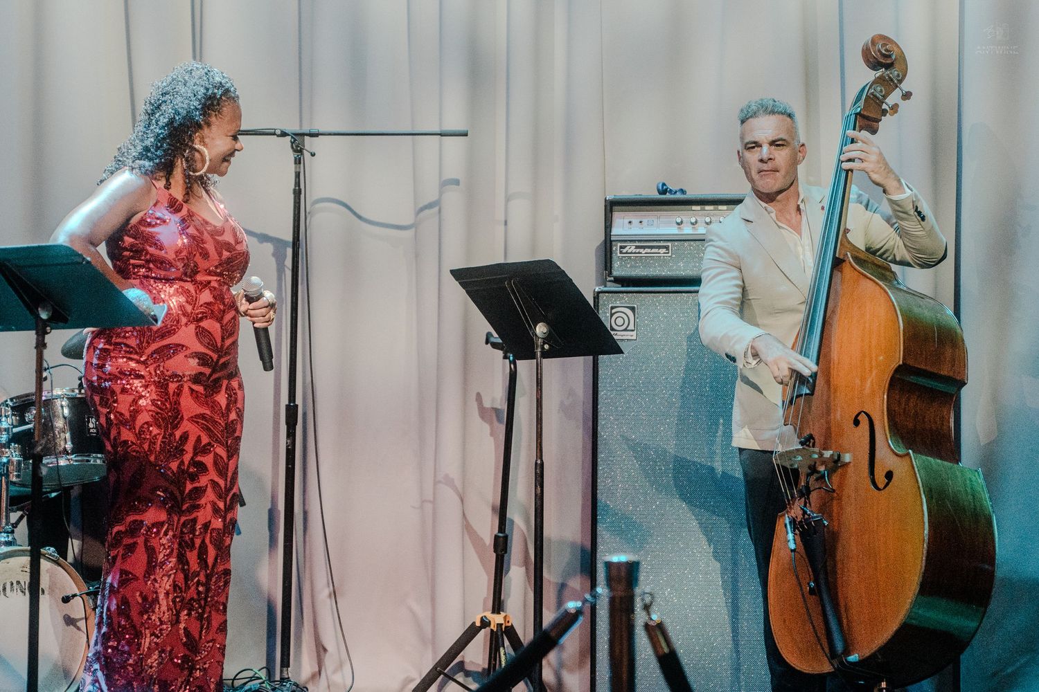 A woman in a red dress sings while a musician plays double bass on a jazz stage.