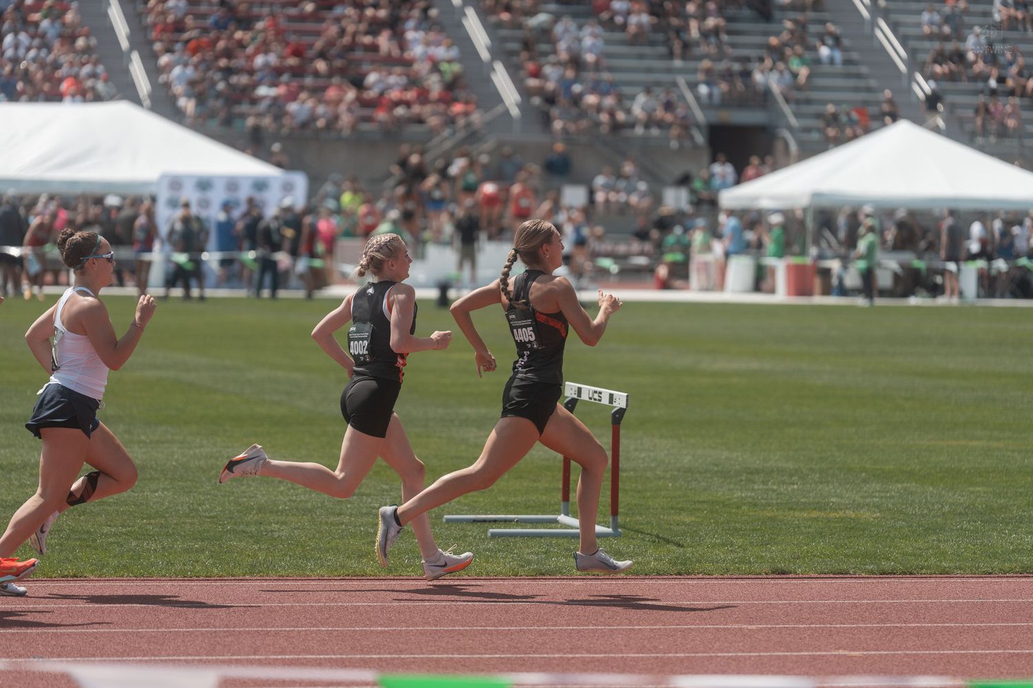 Female athletes compete in a track race at a packed outdoor stadium during a sunny day.