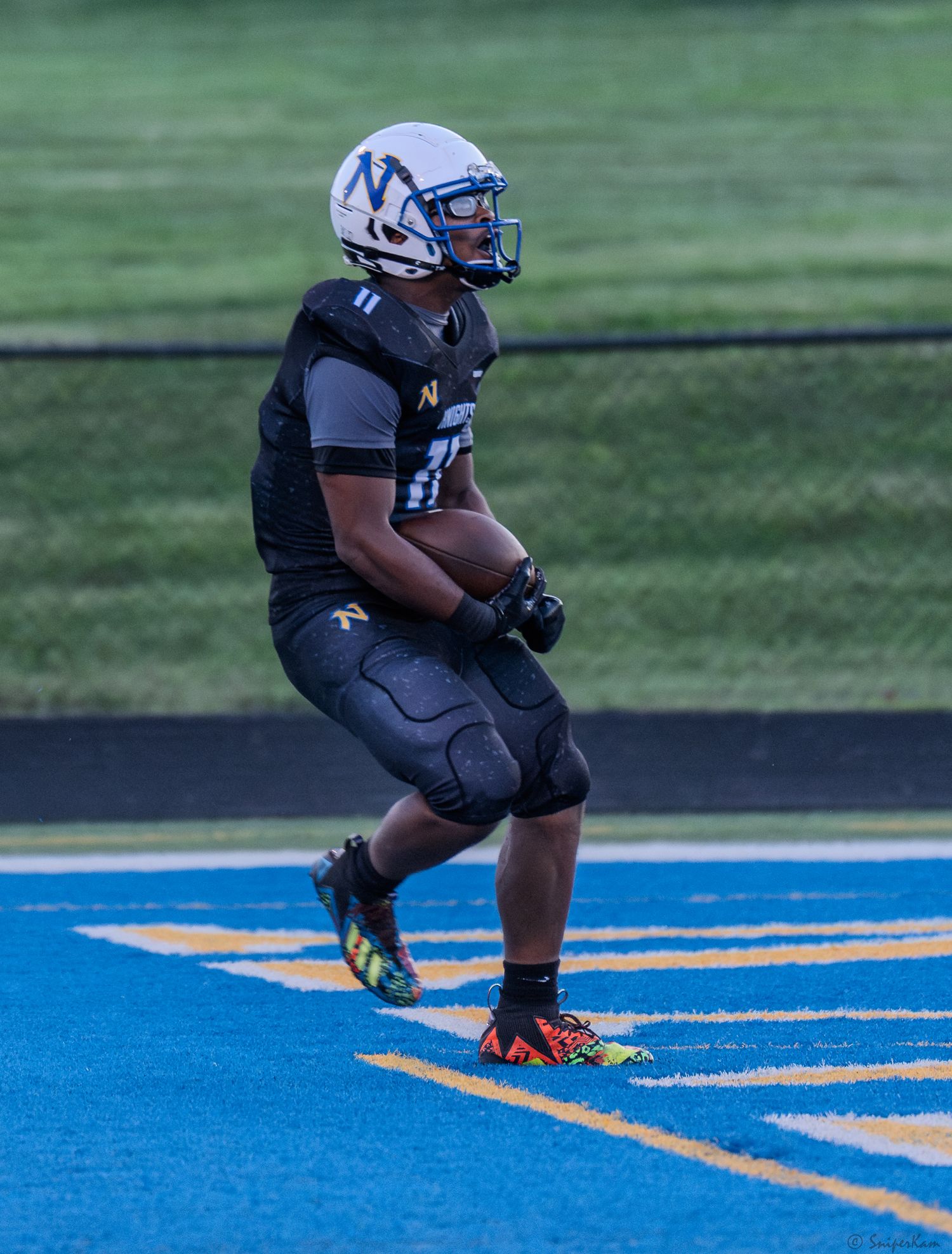 Football player in black uniform celebrates in the end zone on a blue turf field.