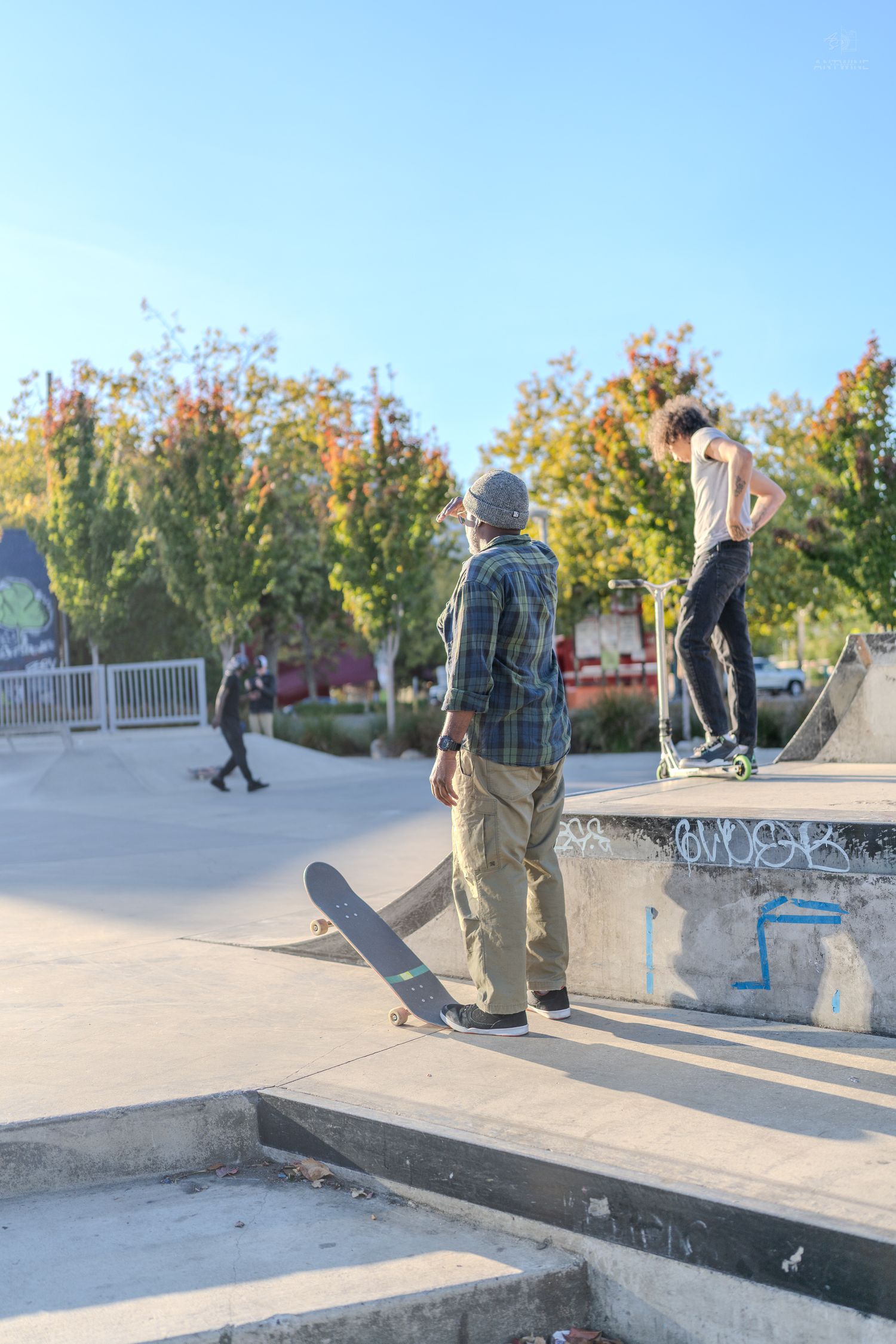 Skateboarders at an outdoor skate park on a sunny day with colorful autumn trees.