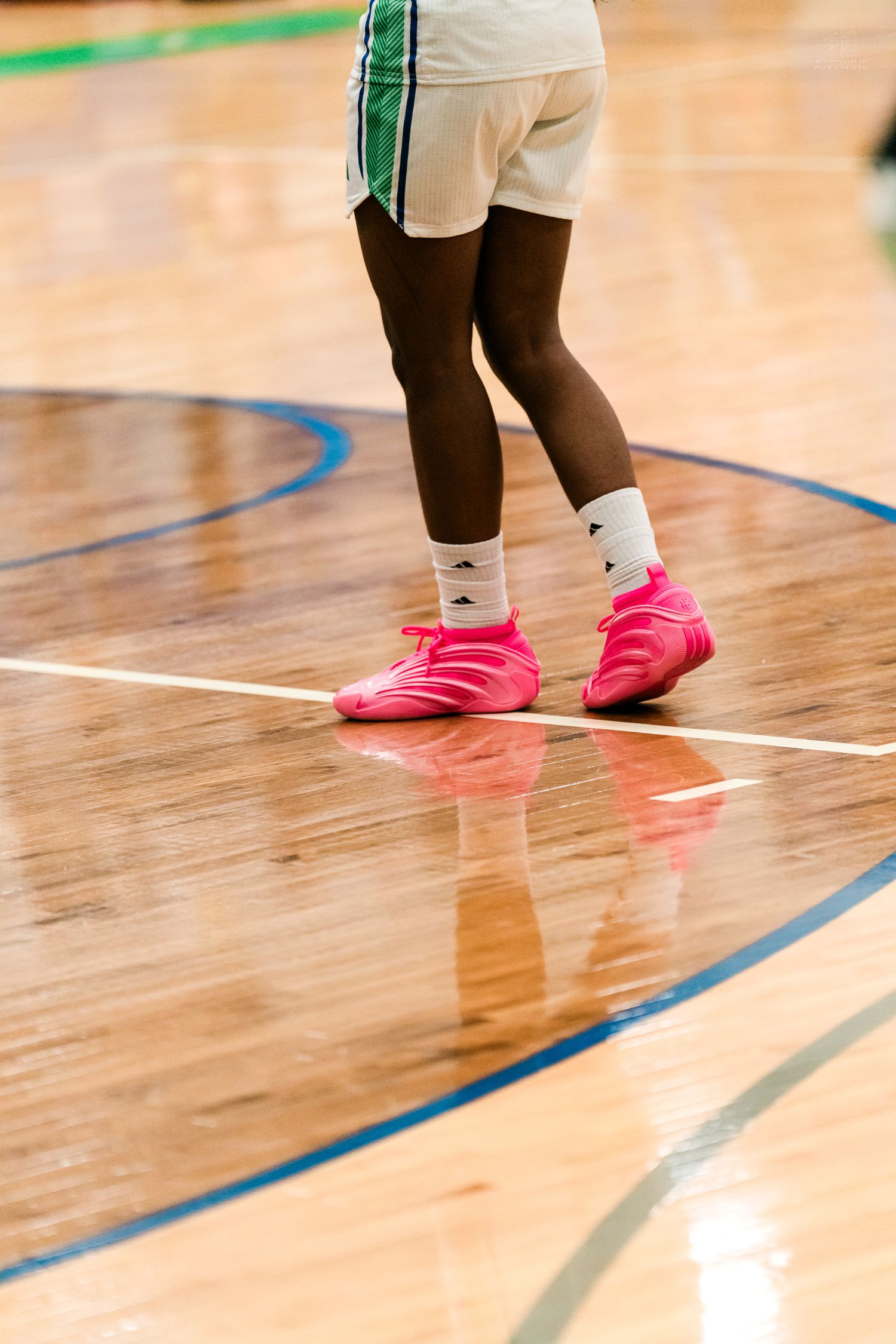 Detail shot of a girls basketball player in pink Adidas shoes standing on a polished hardwood court.