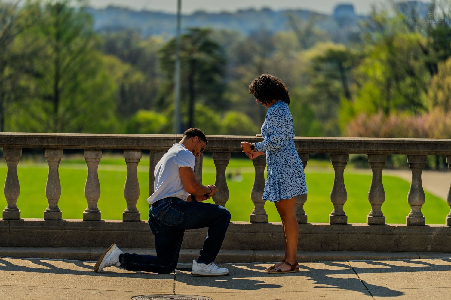 Man kneeling on one knee proposing to a woman on a sunny stone terrace in a park.