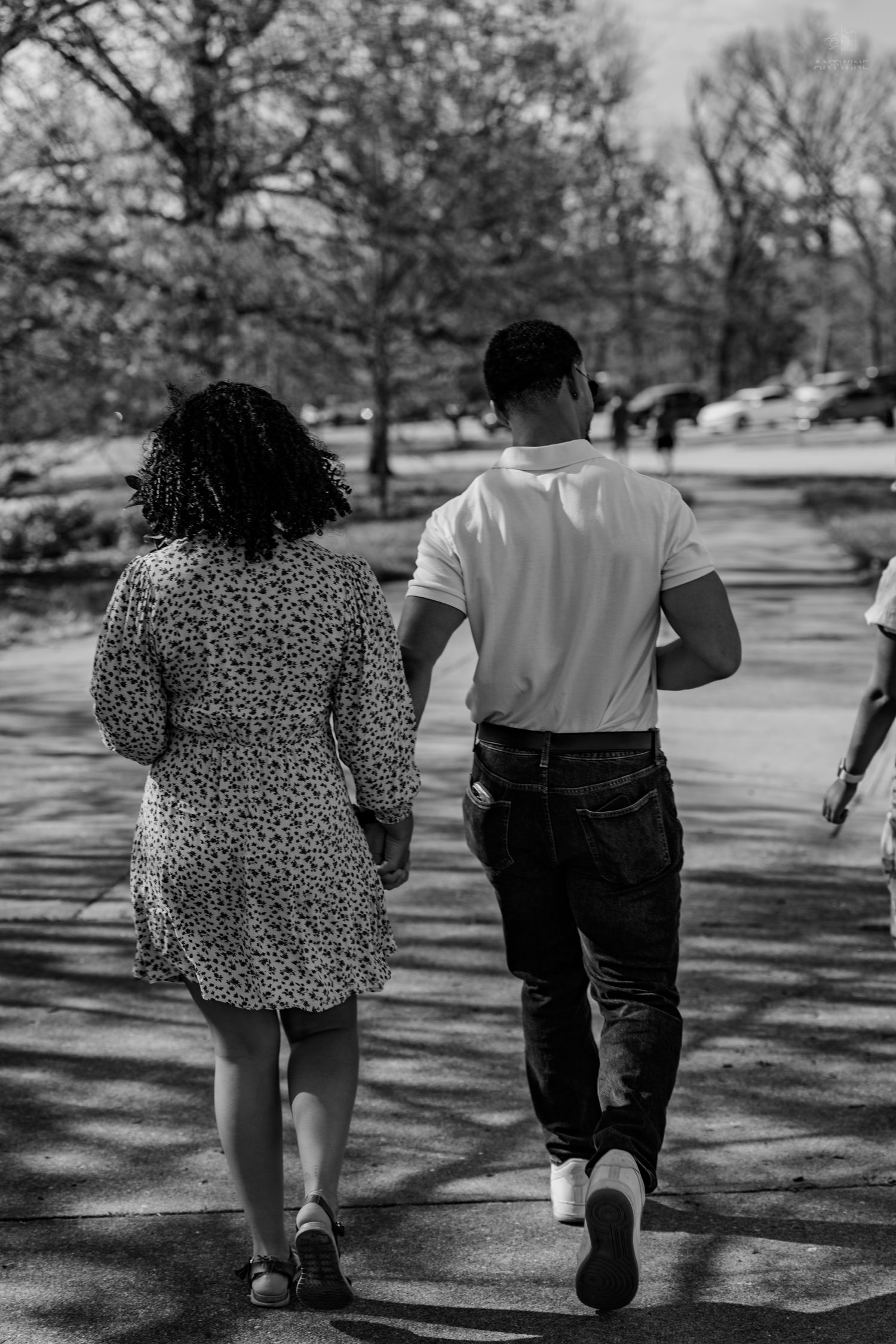 Black and white rear view of couple holding hands walking on a tree-lined park pathway.