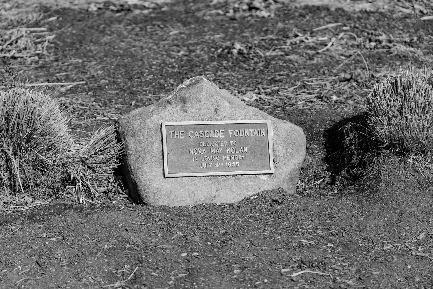 Black and white photo of a bronze memorial plaque on a boulder marking The Cascade Fountain landmark.
