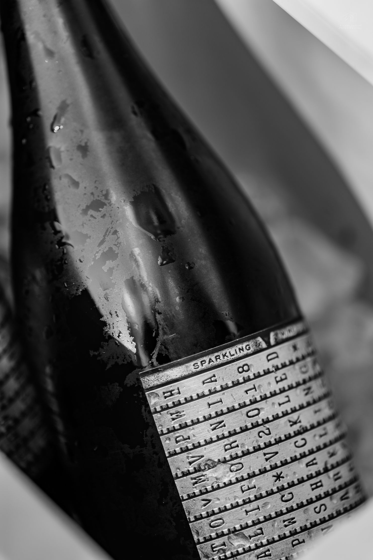 Close-up black and white photo of chilled sparkling wine bottle with vintage label on ice.