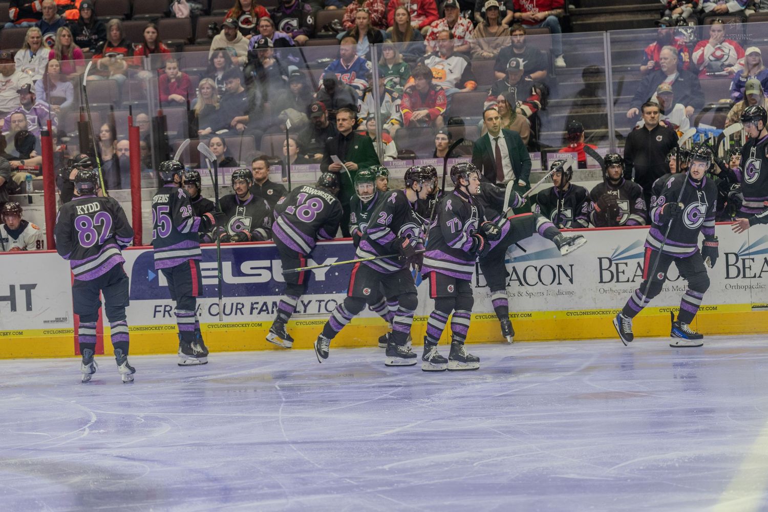 Minor league hockey team celebrating a goal on the ice bench during an exciting home game.