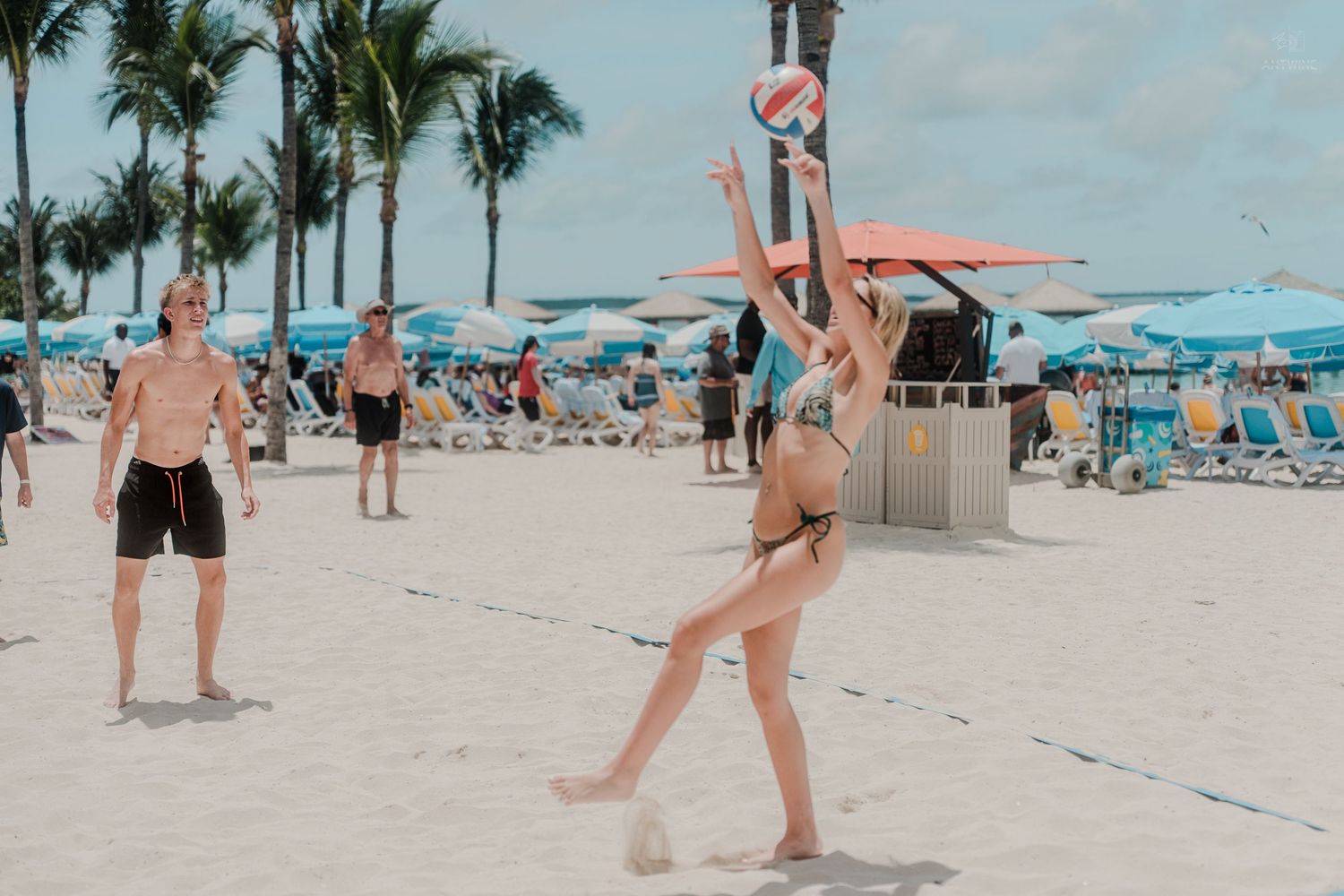 Woman in bikini serving a volleyball on a sunny beach lined with palm trees.