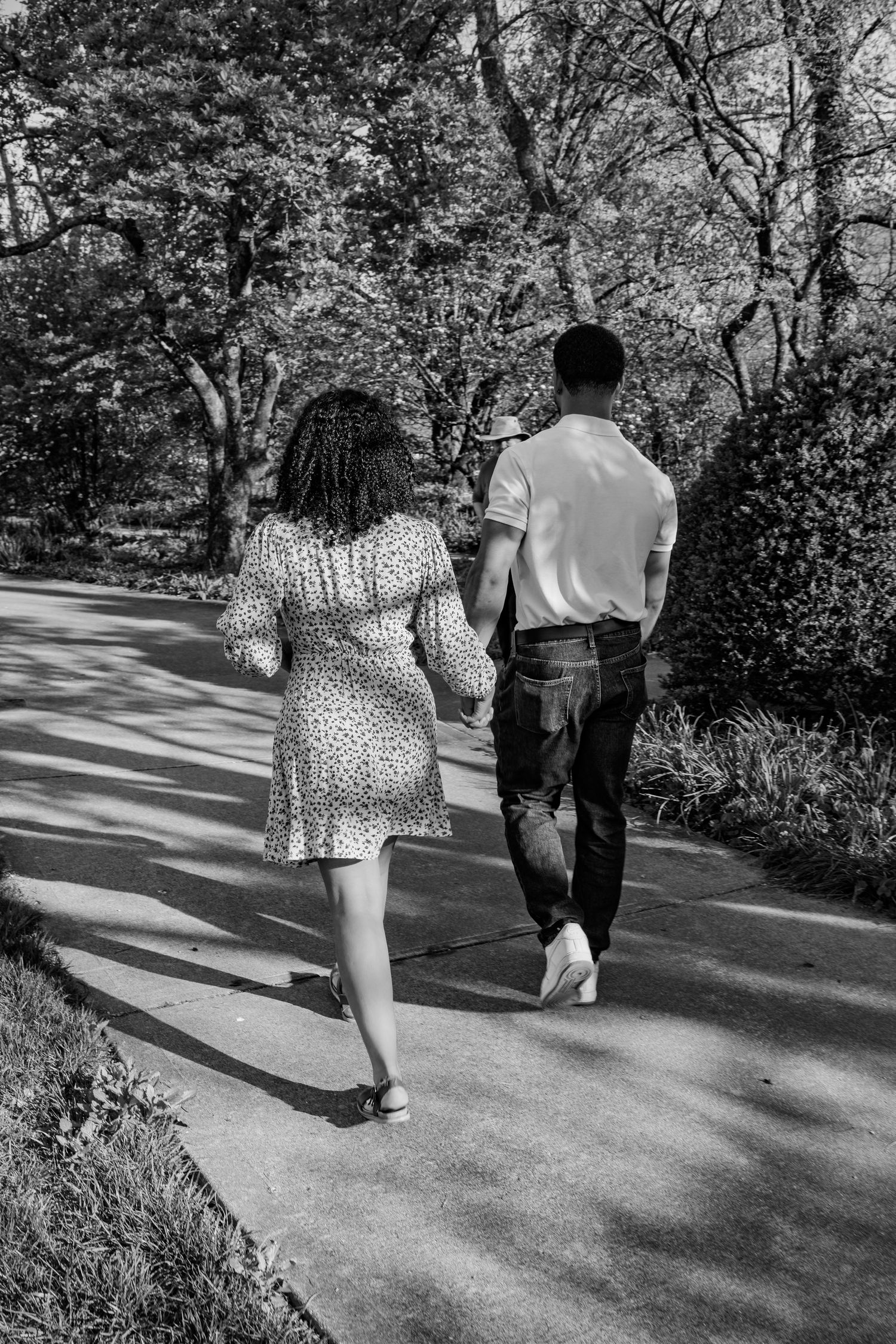 Black and white photo of a couple holding hands walking down a tree-lined park path in sunlight.
