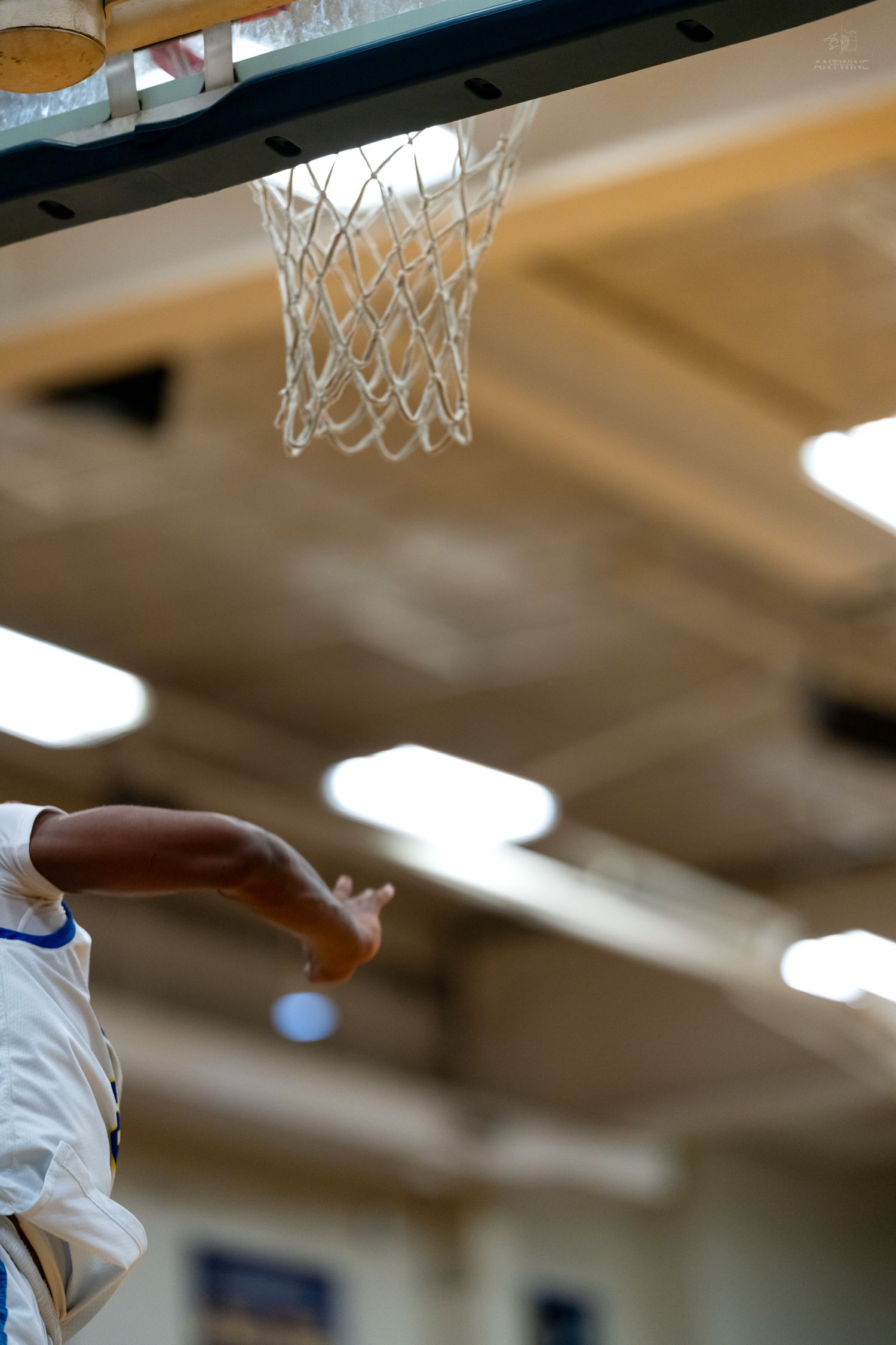 Basketball player in white uniform reaches up toward the hoop after a shot in an indoor gym.