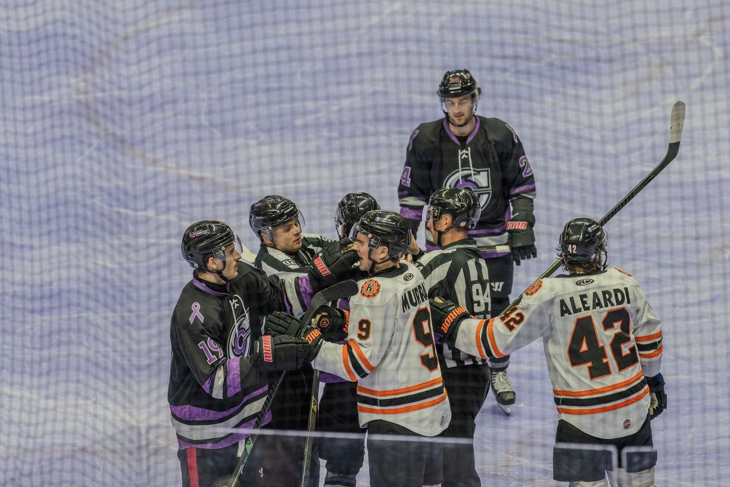 Ice hockey players from opposing teams shake hands near the boards after a game.