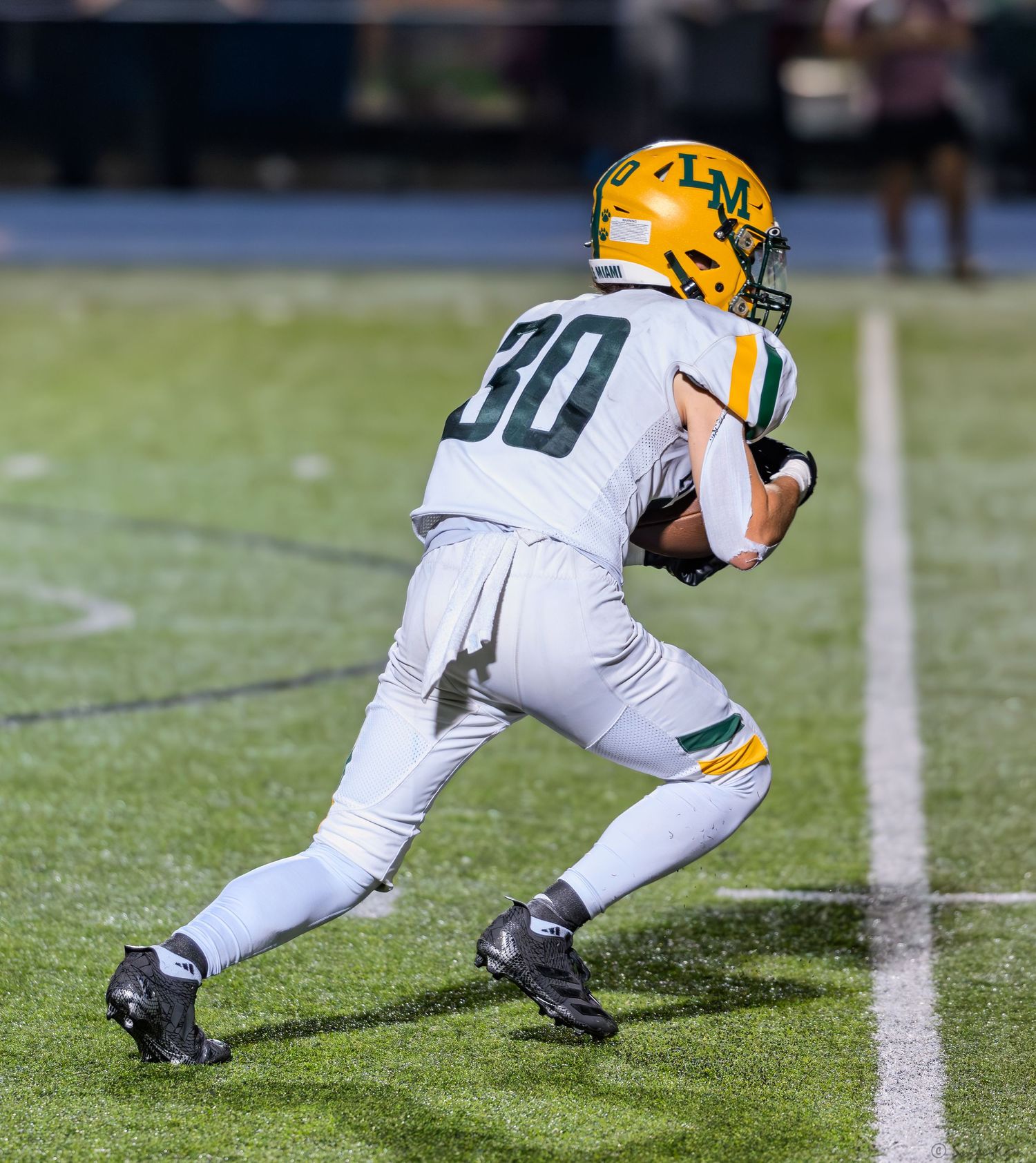 Football player number 30 in white and green uniform carries ball during a night game.