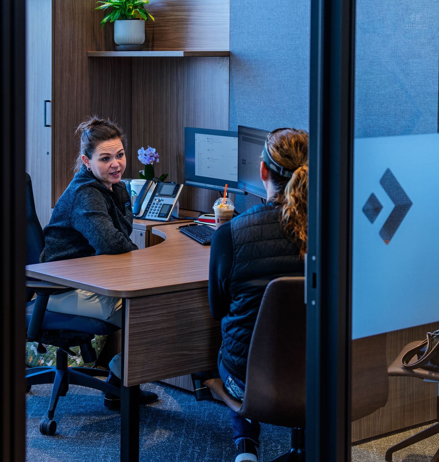Two women having a professional meeting at a modern office desk with dual monitors and a phone.