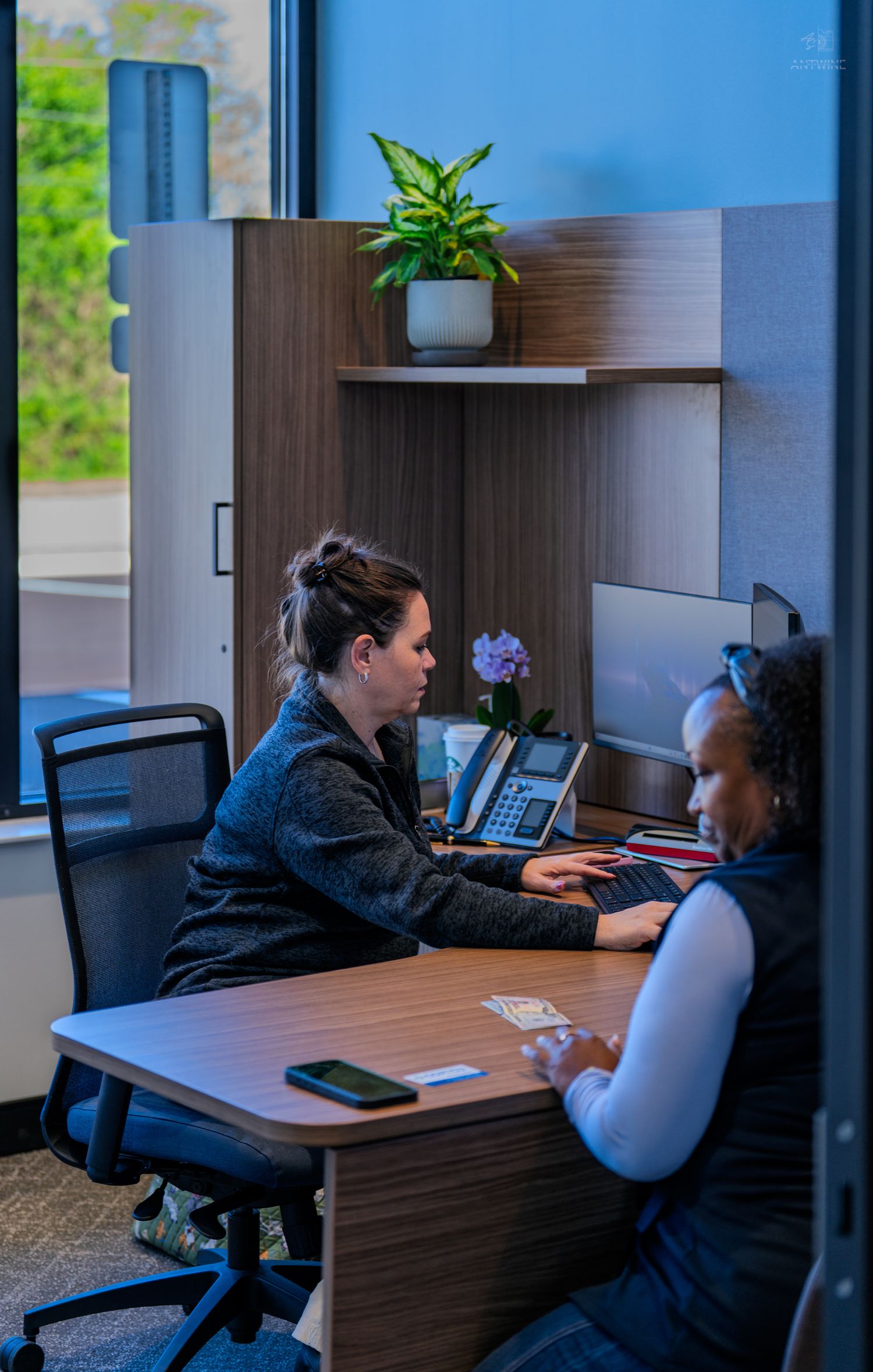 Two women collaborate at a modern office workstation with a computer, phone, and decorative plants in a professional setting.