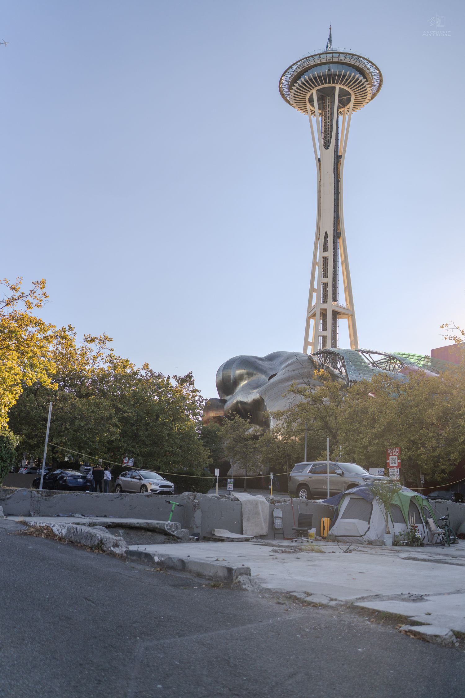 Seattle Space Needle tower rising above trees with street-level urban scene in foreground.