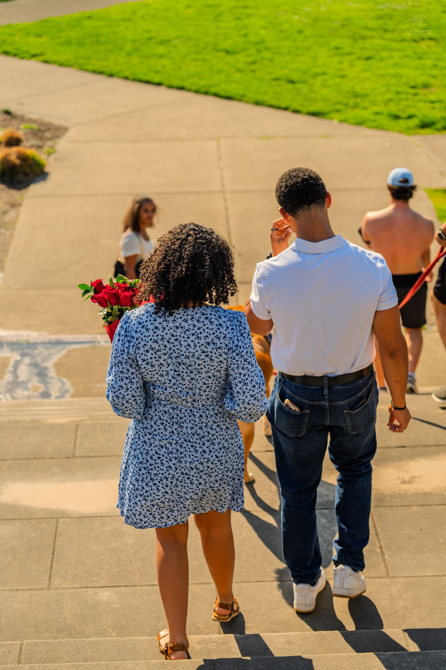 Aerial view of a couple walking down steps, woman in blue floral dress holding red roses in sunlight.