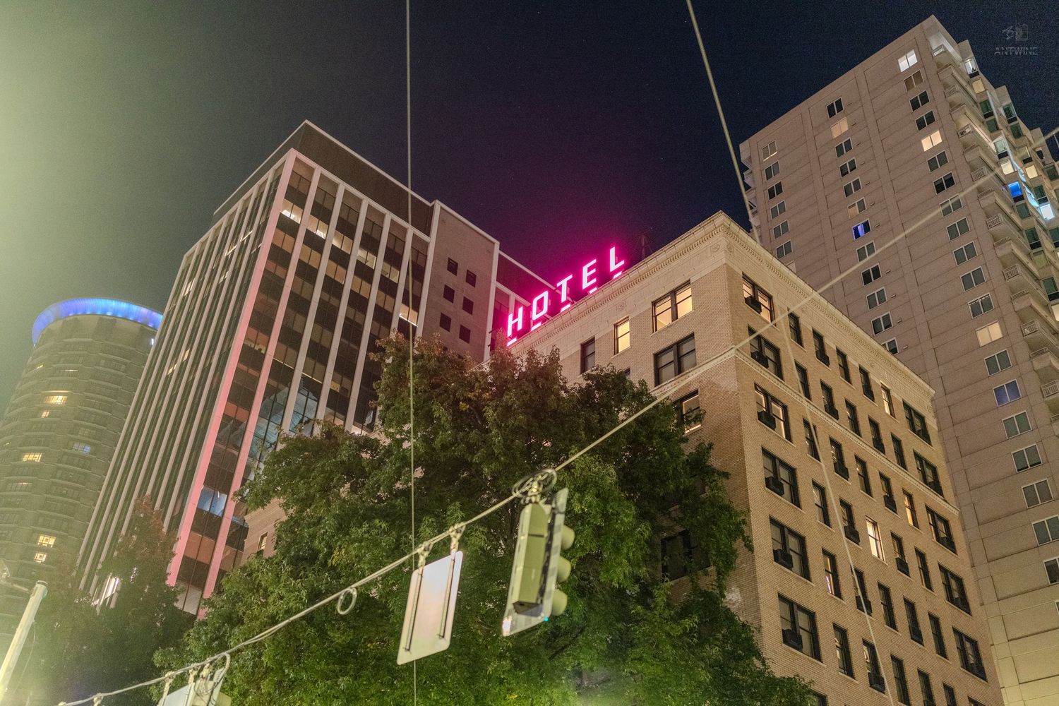 Neon pink Hotel sign glows atop urban buildings at night with green trees and string lights in foreground.