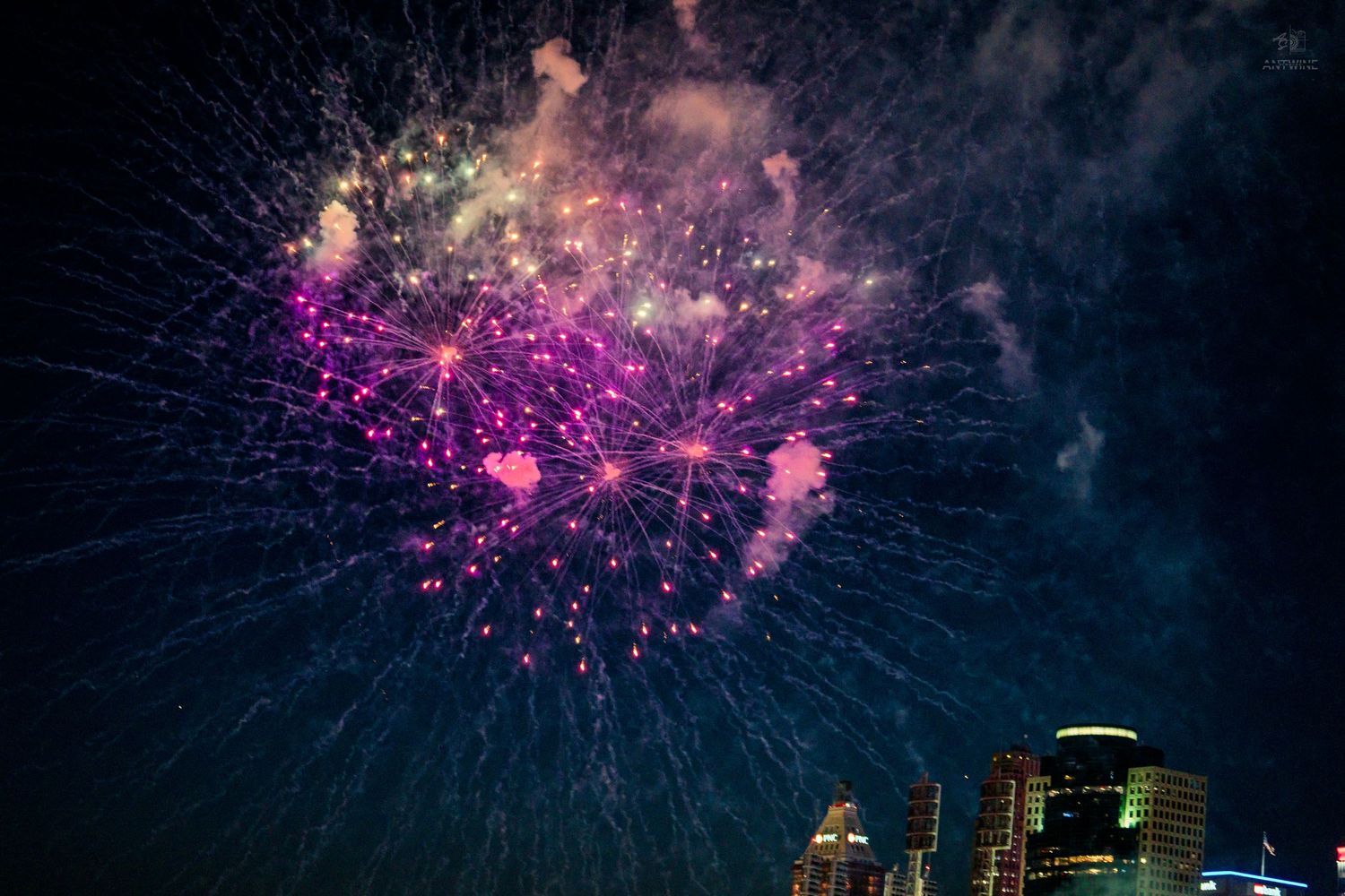 Vibrant purple and pink fireworks explode over a city skyline against a dark night sky.