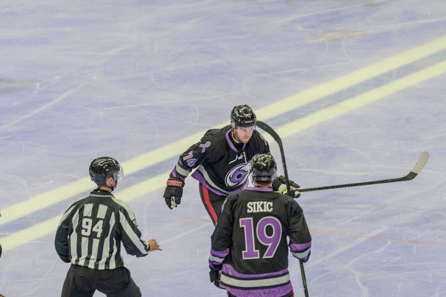 Hockey players face off on ice rink during a competitive game, with referee watching nearby.