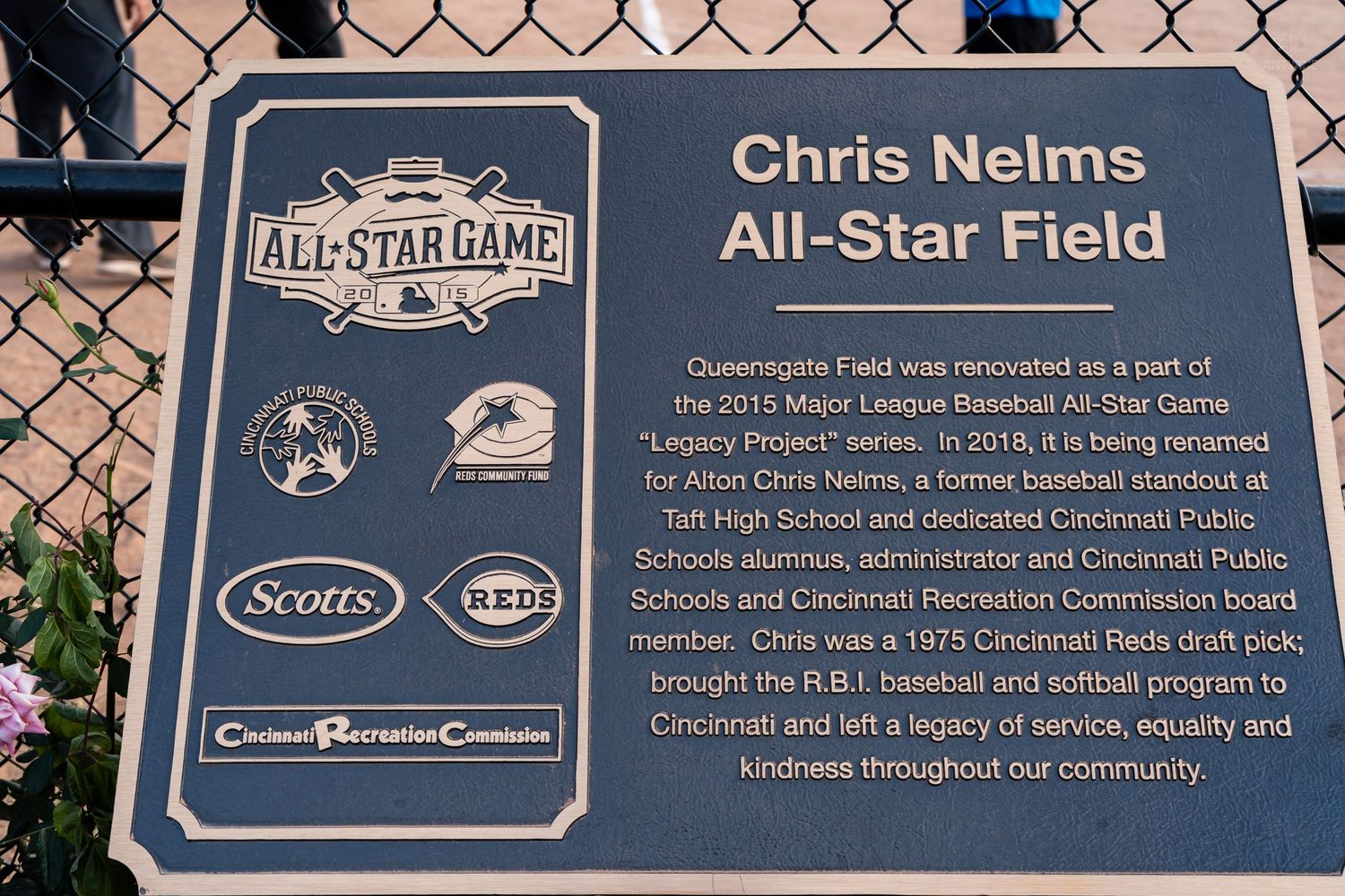 Bronze plaque dedicating Chris Nelms All-Star Field, renovated as part of the 2015 MLB All-Star Game Legacy Project.