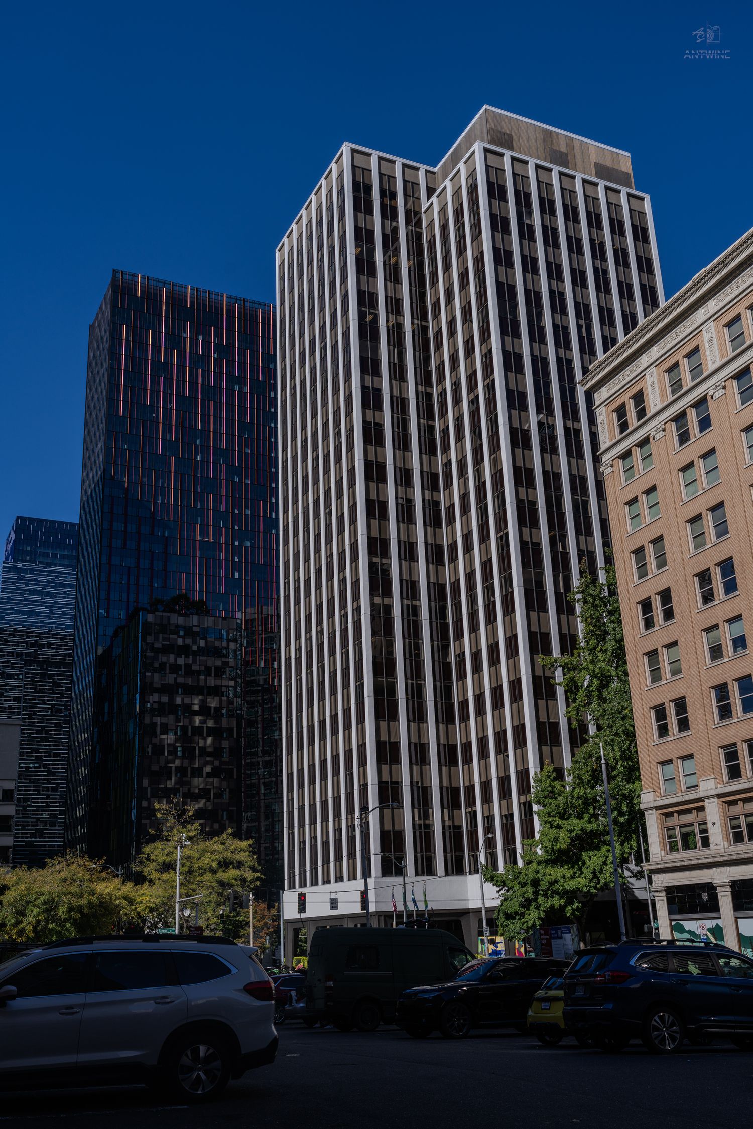 Modern glass skyscrapers and historic buildings in downtown Seattle under a clear blue sky.