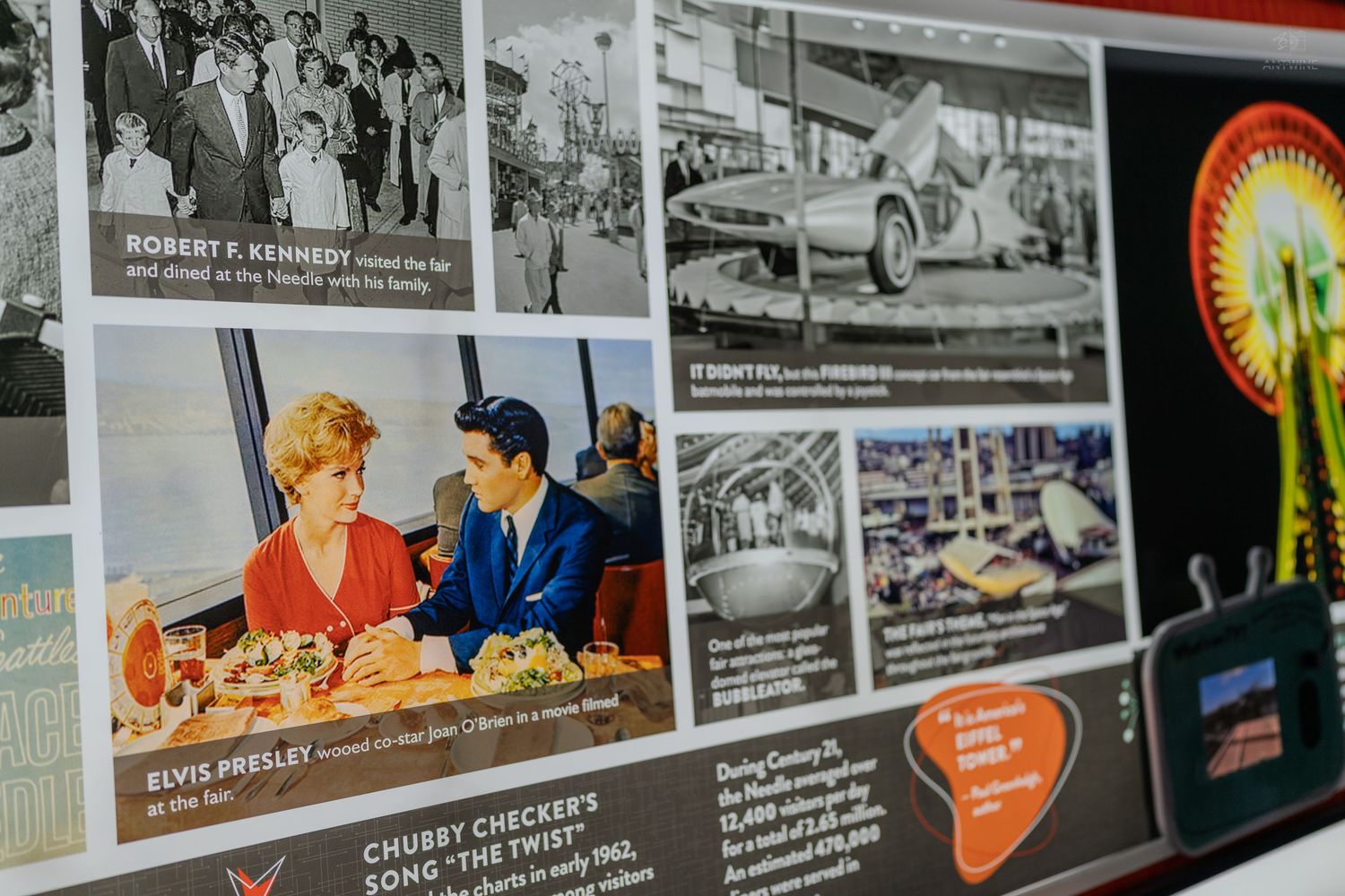 A colorful historical display board featuring Elvis Presley and Robert F. Kennedy with vintage photos.