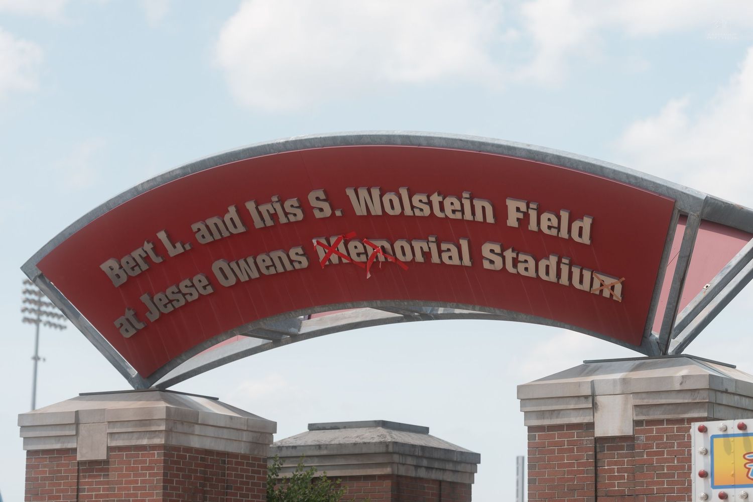 Bert L. and Iris S. Wolstein Field at Jesse Owens Memorial Stadium entrance arch sign at Ohio State.