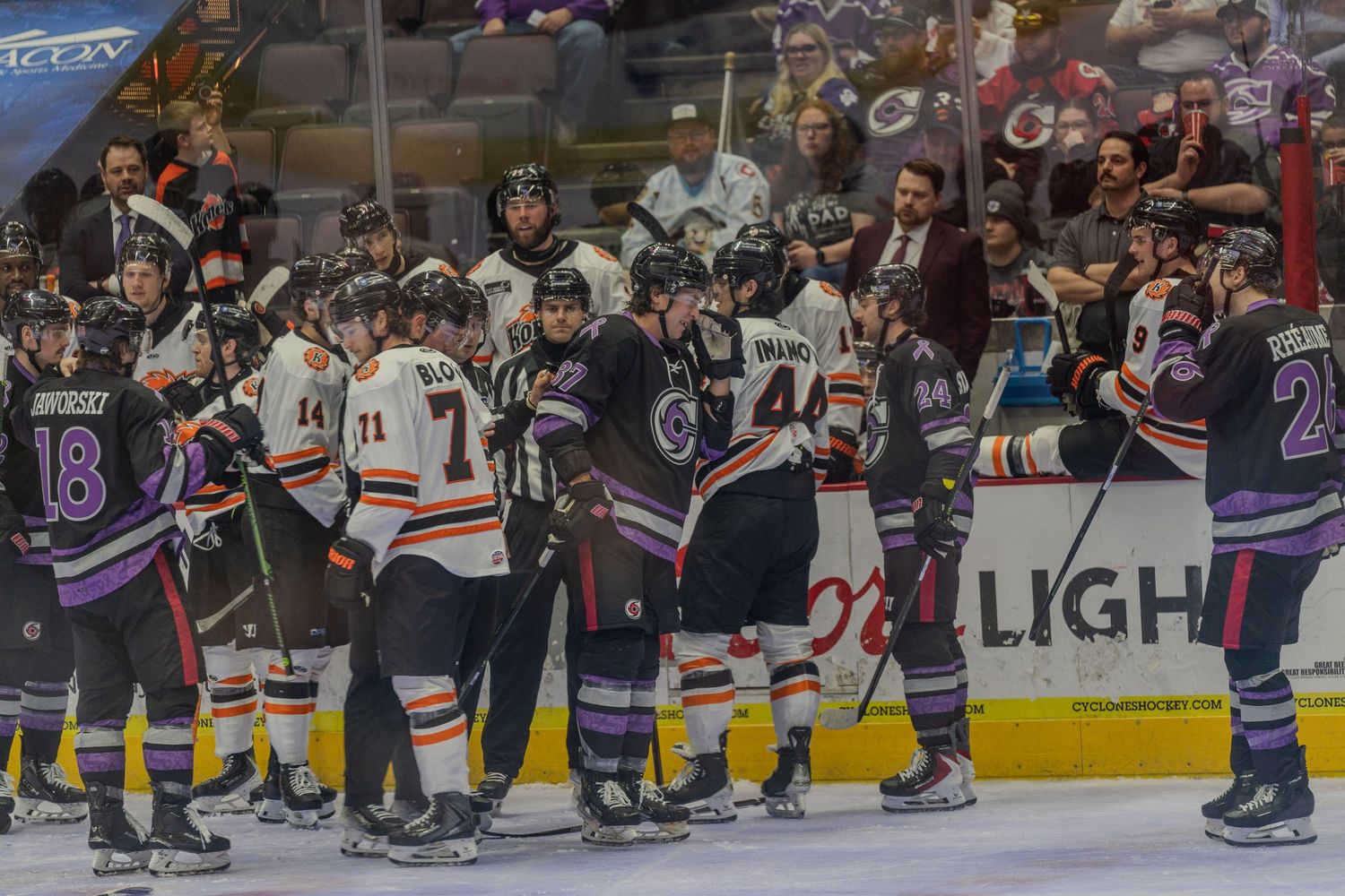 Hockey players from opposing teams shake hands or interact along the boards after a game.