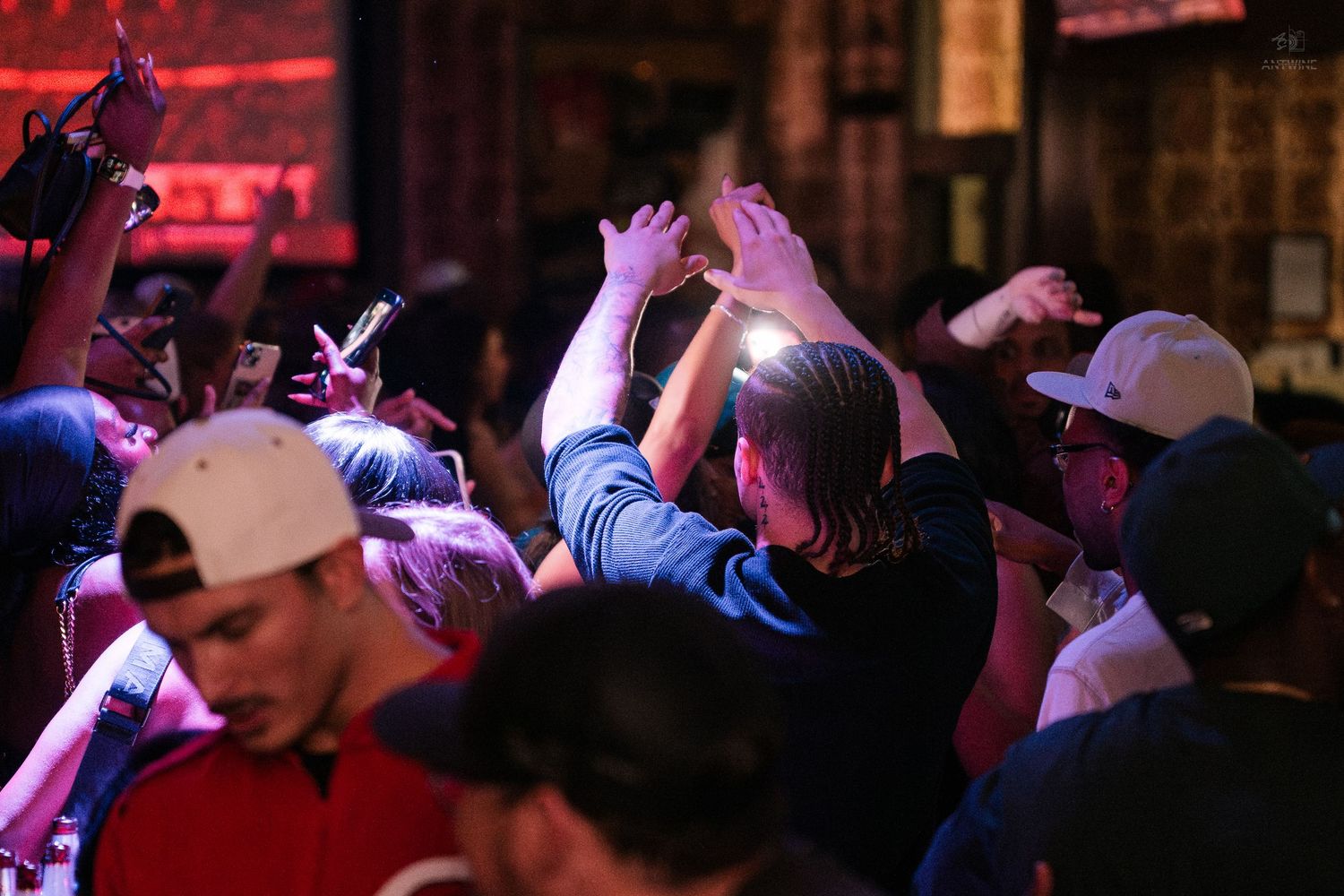 Excited sports fans raise hands and cheer in crowded dimly lit bar during game.