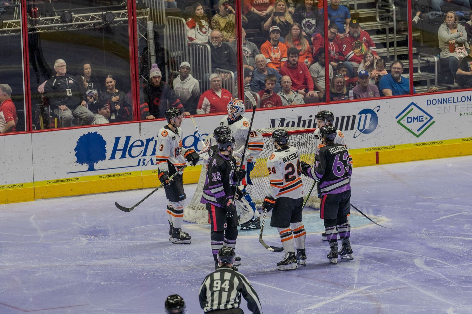 Hockey players celebrate on ice during a professional game with fans watching in the arena.