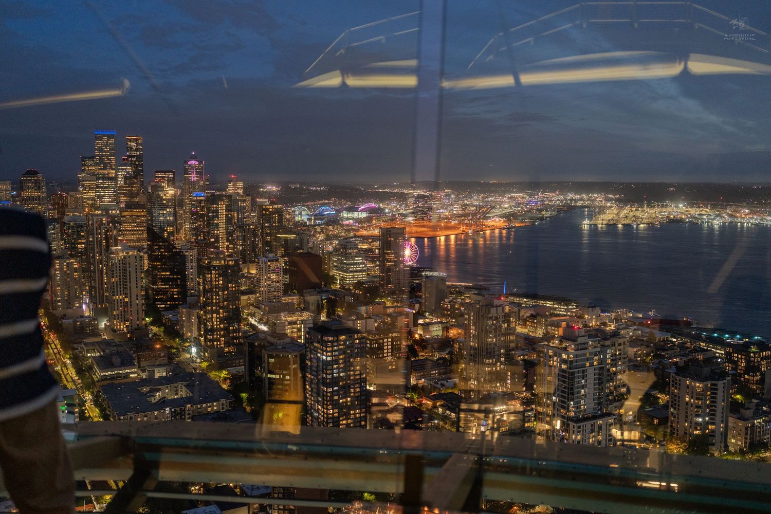 Aerial nighttime view of a glittering city skyline and waterfront from an observation deck.
