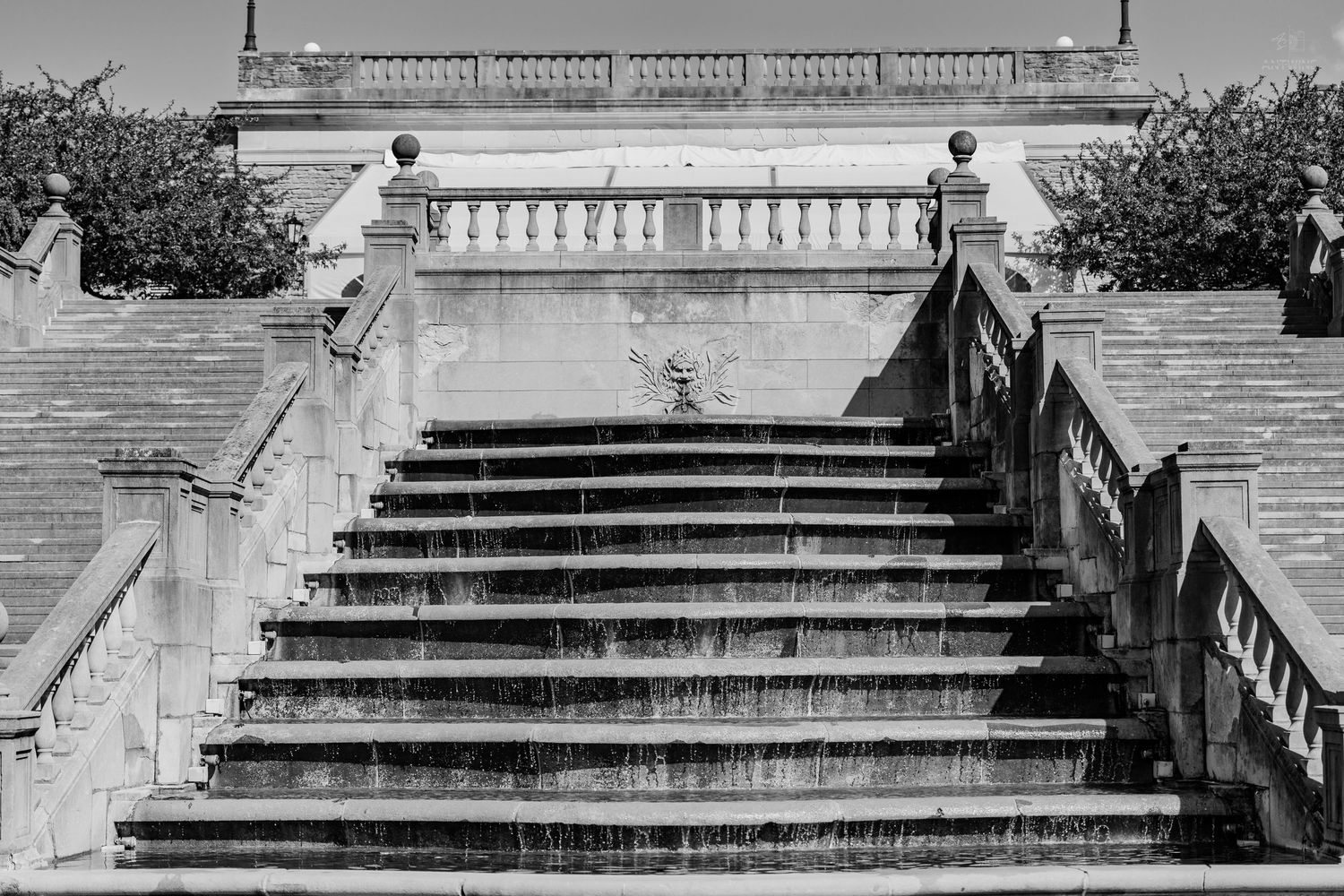 Black and white image of wide stone cascade steps flanked by classical balustrades at a historic monument.