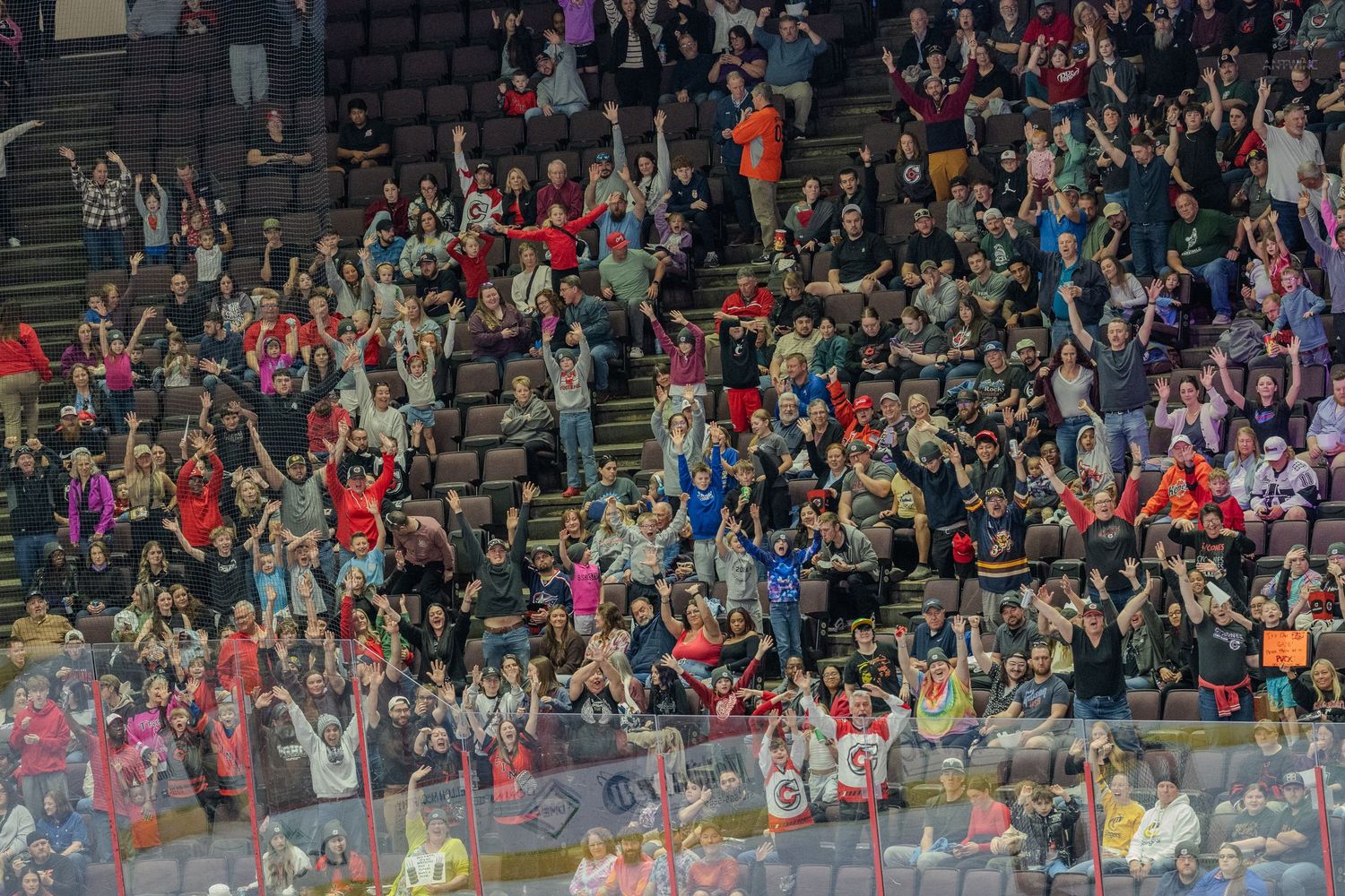 Large crowd of enthusiastic fans cheering with raised hands at a hockey arena.