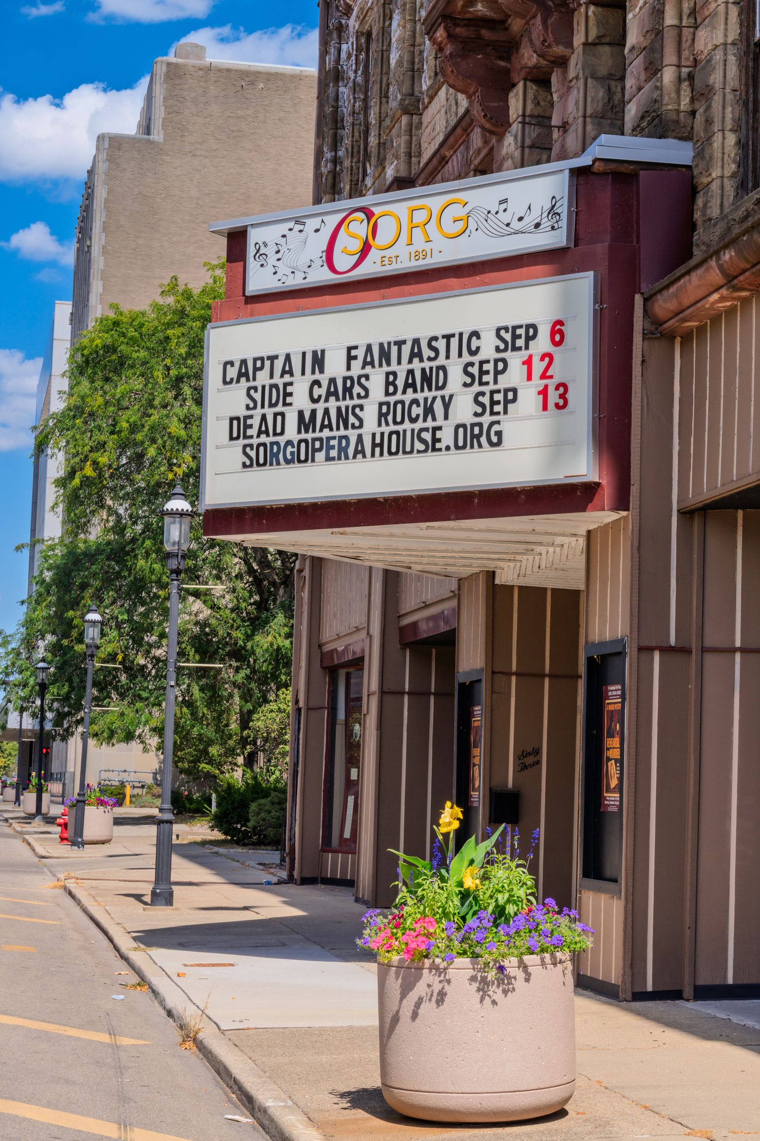Sorg Opera House marquee displaying upcoming events including Captain Fantastic and Side Cars Band in Middletown Ohio.