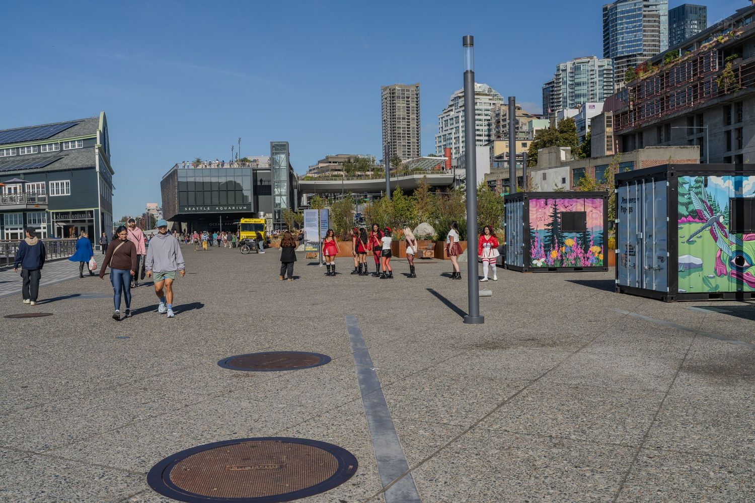 Busy Seattle waterfront plaza on sunny day with pedestrians, art displays, and city skyline in background.