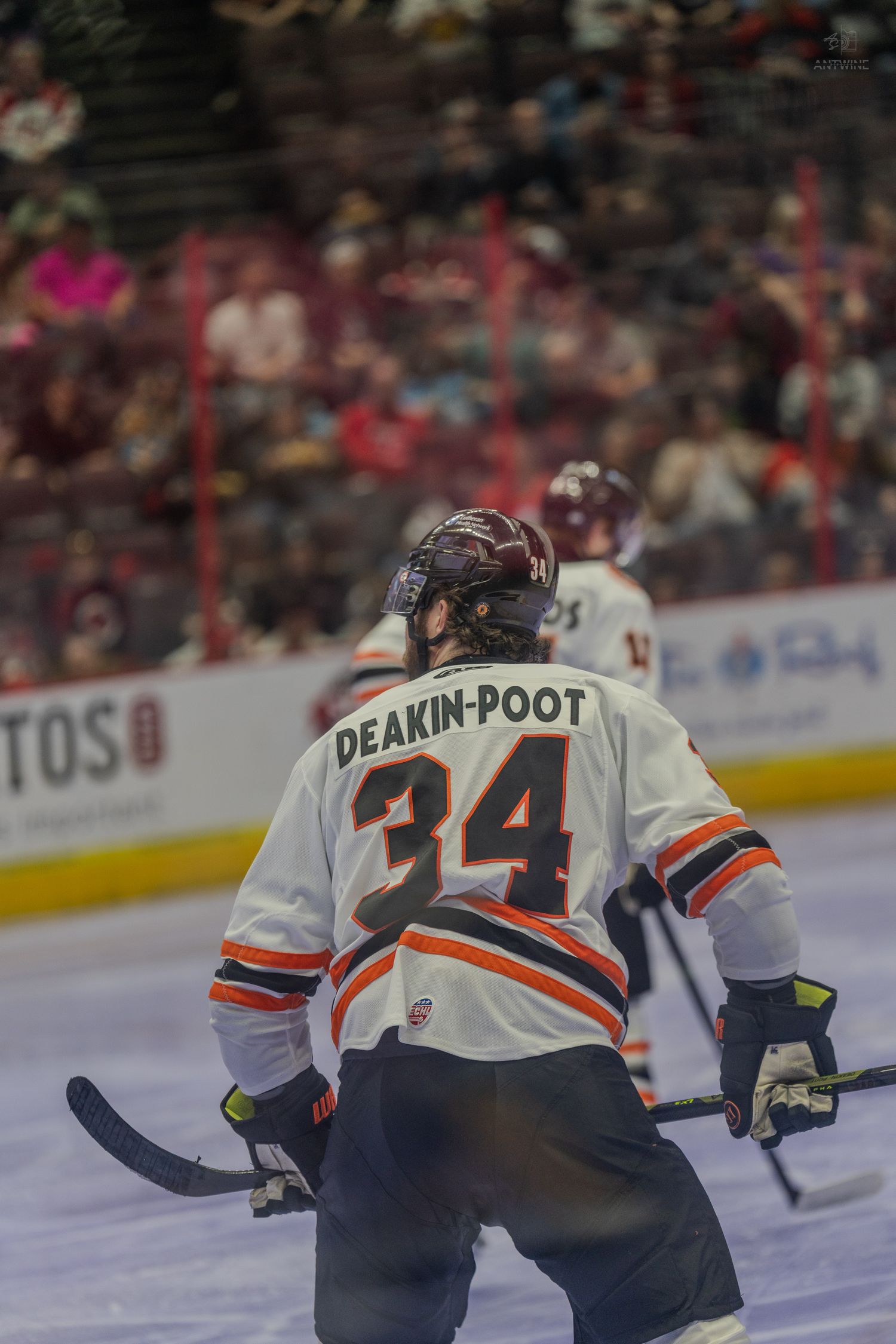 Fort Wayne Komets player Deakin-Poot number 34 skates on ice in white jersey during a professional hockey game.