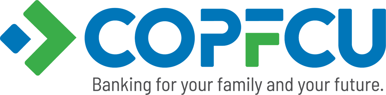 COPFCU logo with green arrow and blue text reading Banking for your family and your future.
