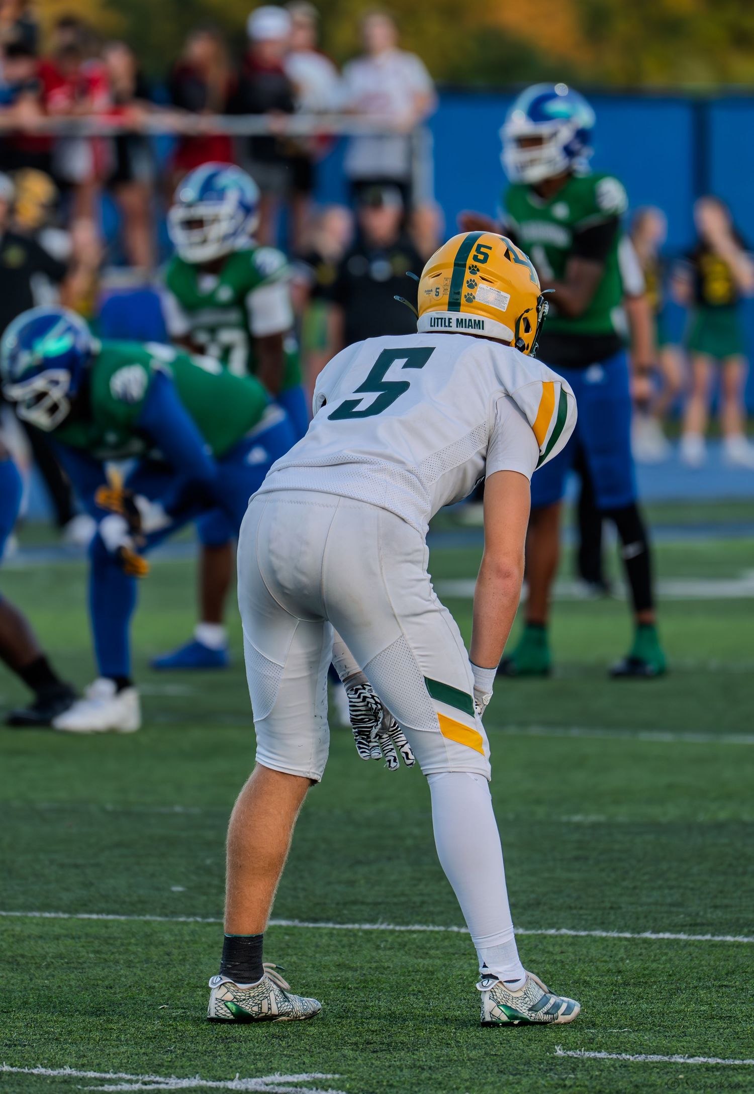 High school football player wearing number 5 in white and green uniform lined up on field during game.