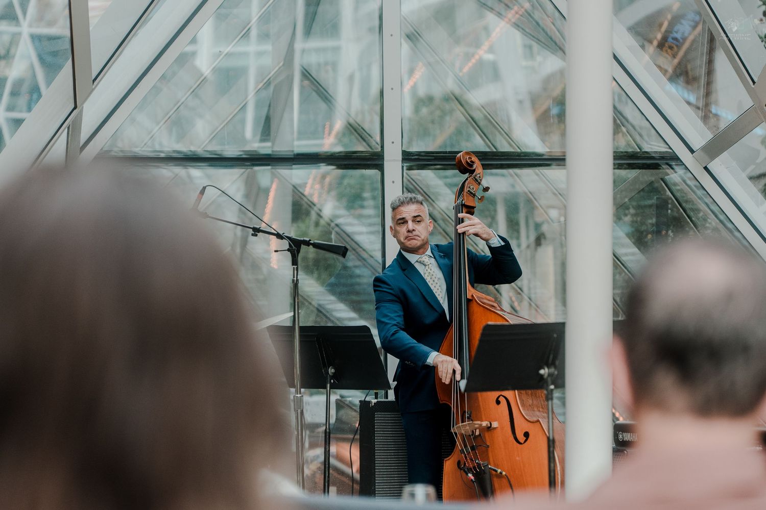A musician playing double bass performing in an elegant glass pyramid venue for a seated audience.
