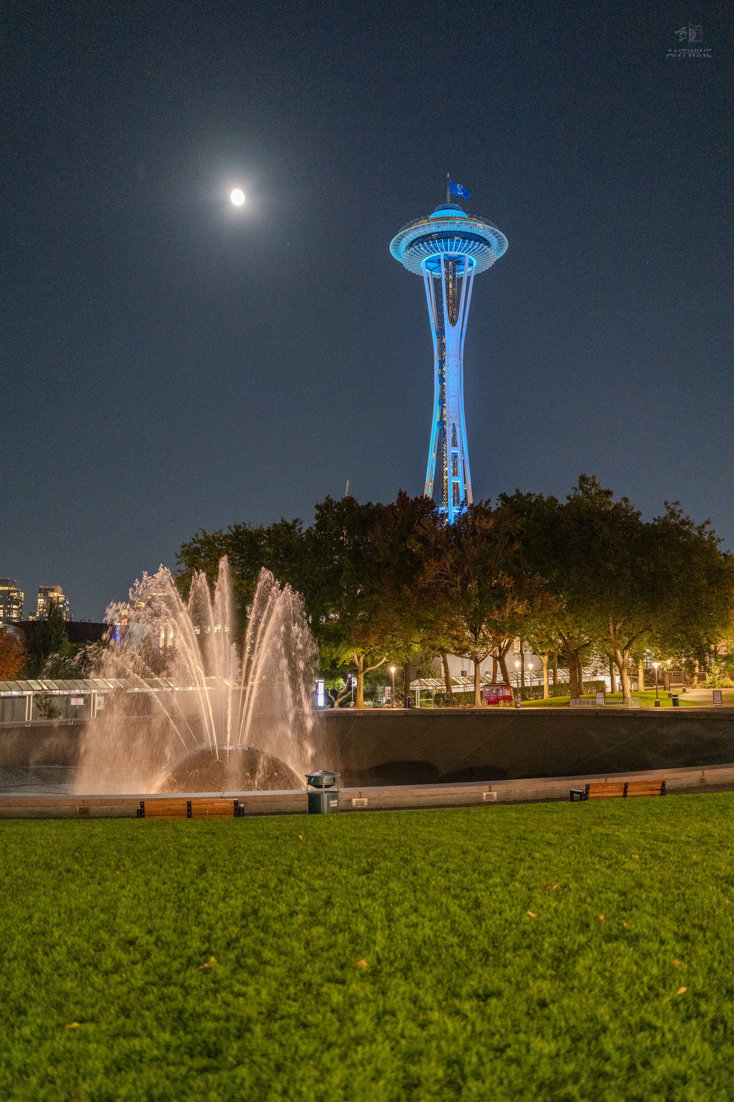 Seattle Space Needle lit in blue at night with fountain, full moon, and green park in foreground.
