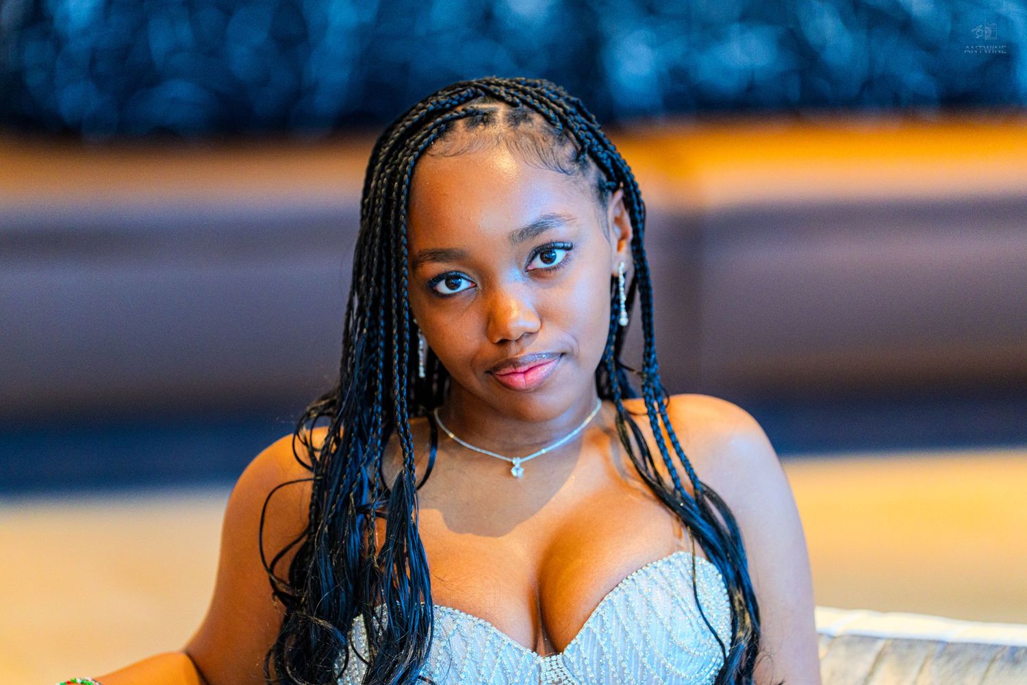 Young woman with long box braids wearing a silver strapless dress and delicate necklace, posing indoors.