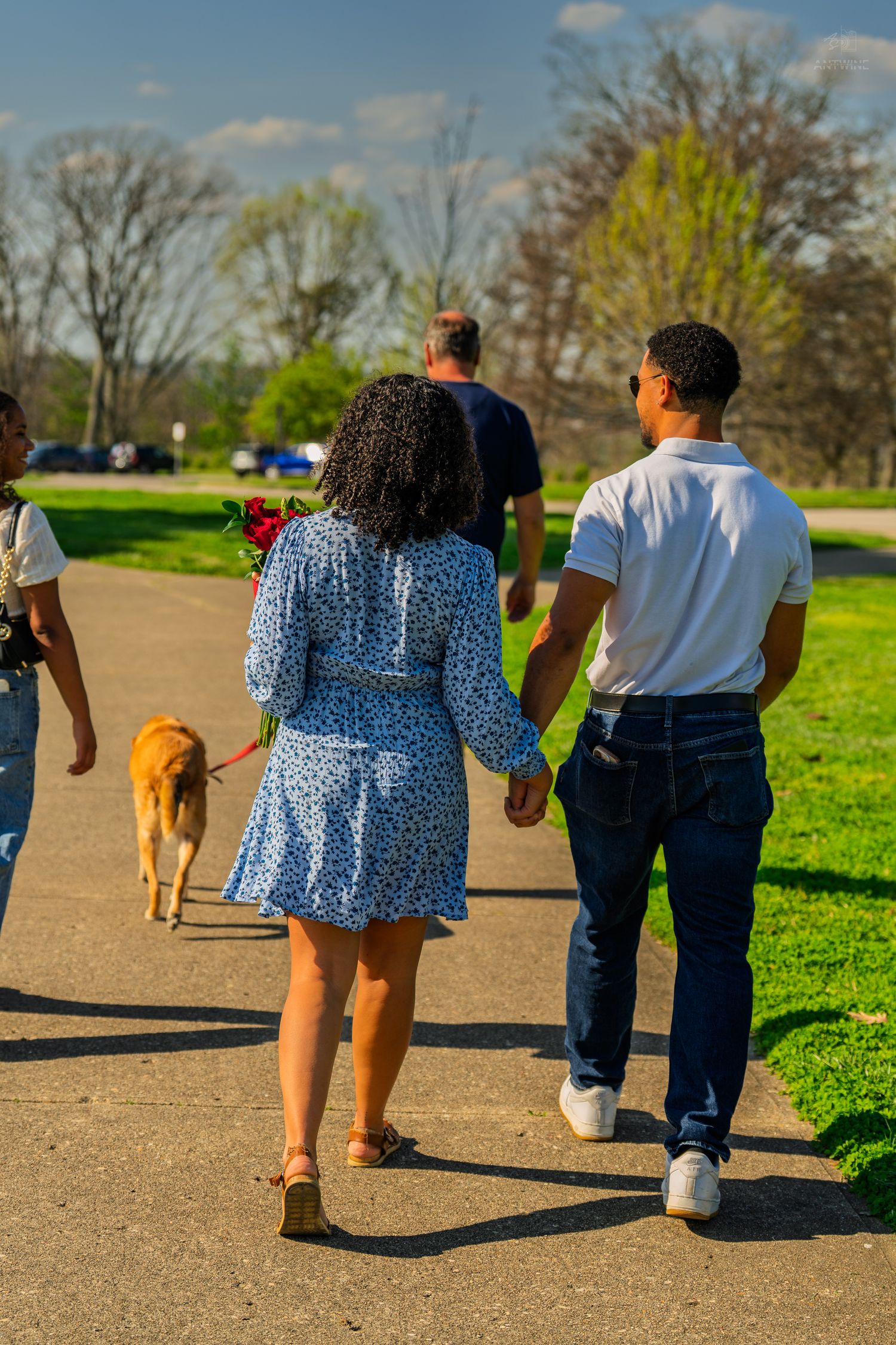Couple walking hand in hand on sunny park path, woman holding red roses and dog walking ahead.