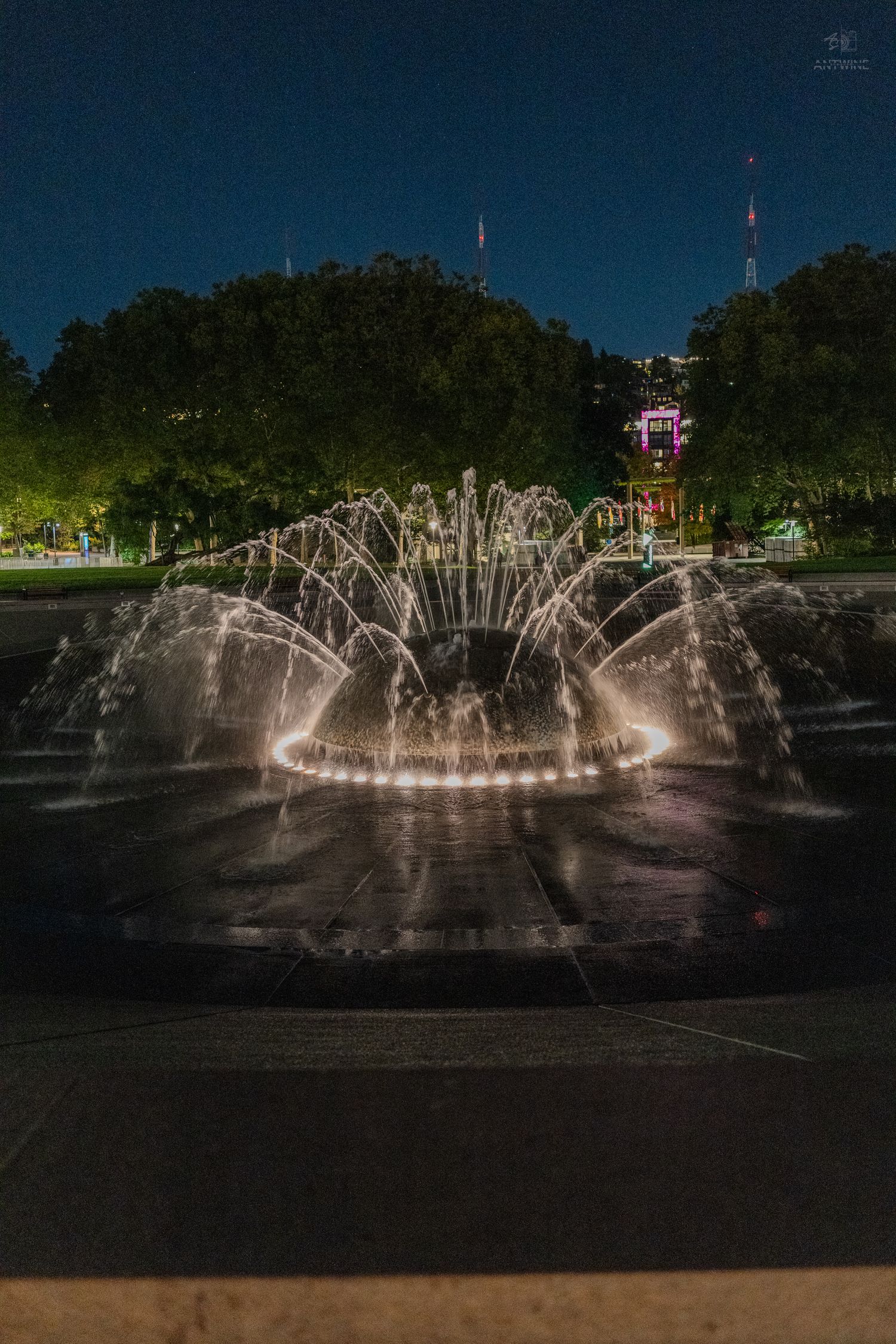 Illuminated fountain at night with colorful lights in a city park.