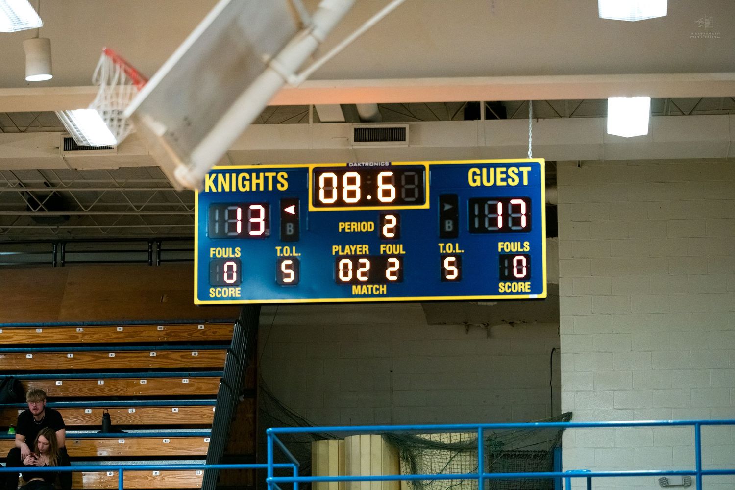 Basketball scoreboard shows Knights leading Guest 13-11 in period 2 with 8.6 seconds remaining.