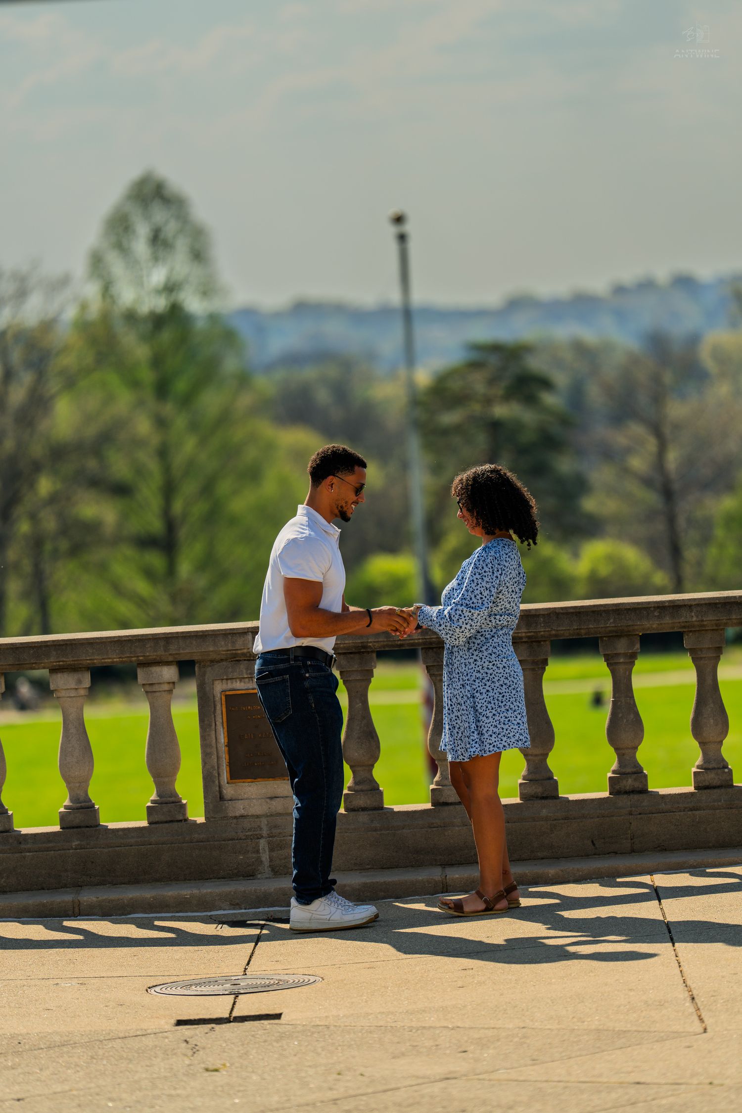 Couple holding hands on a classic stone terrace overlooking a vibrant green park landscape.