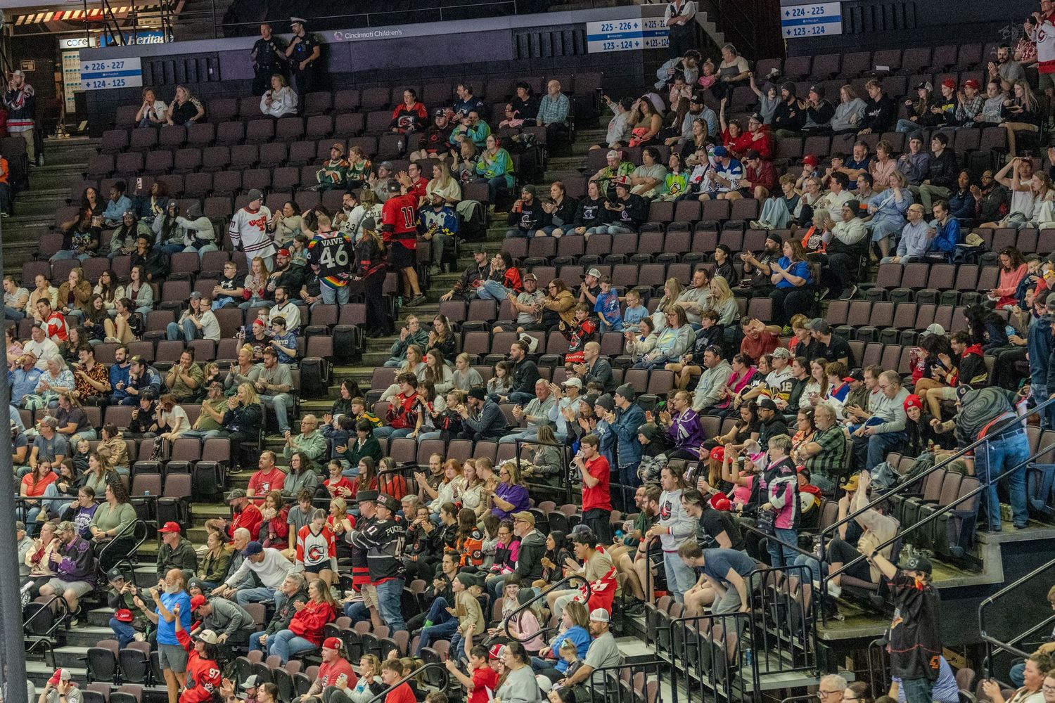 Large crowd of spectators fills the arena seats watching a live indoor professional hockey game.