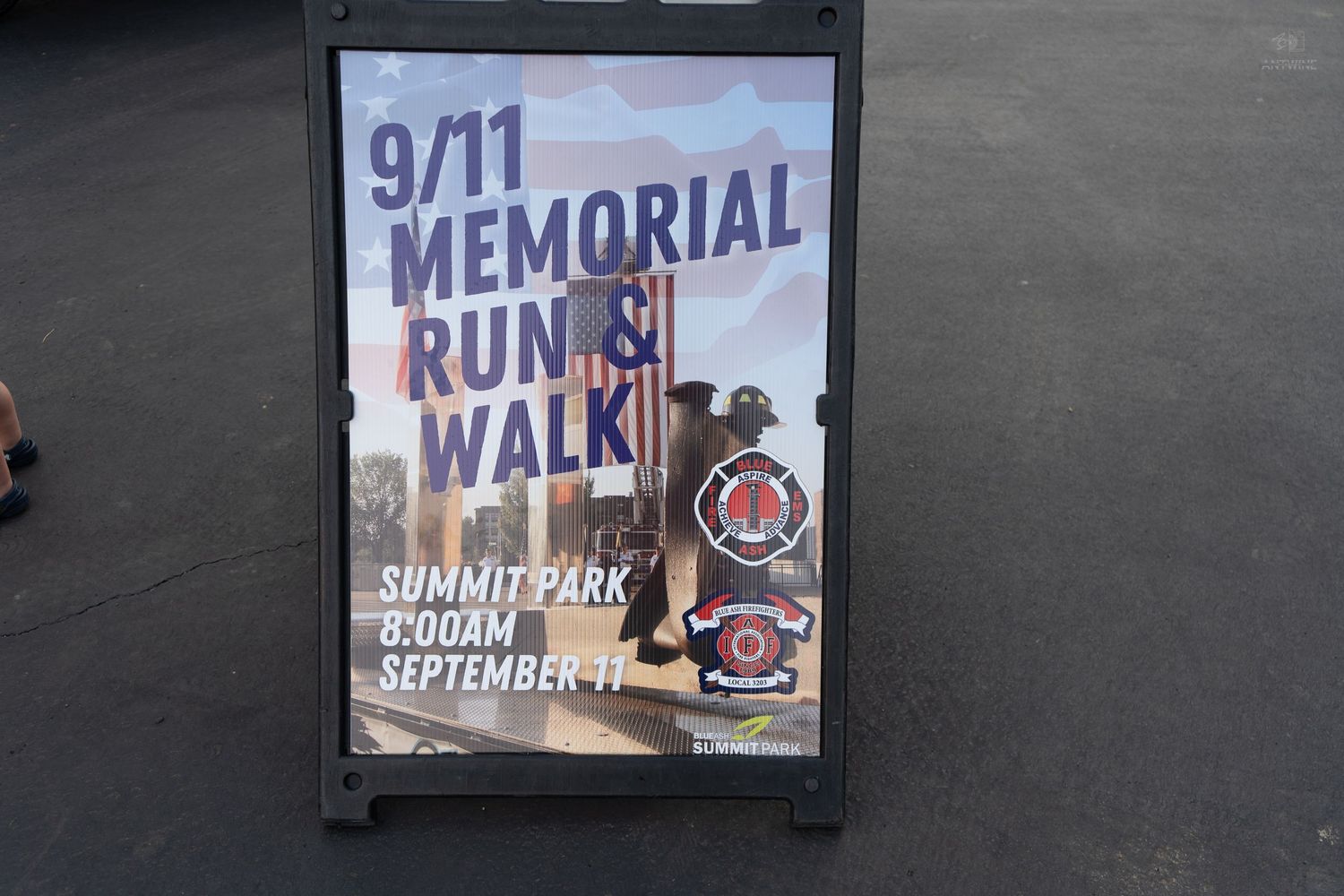 9/11 Memorial Run & Walk event sign at Summit Park on September 11 starting at 8:00AM.