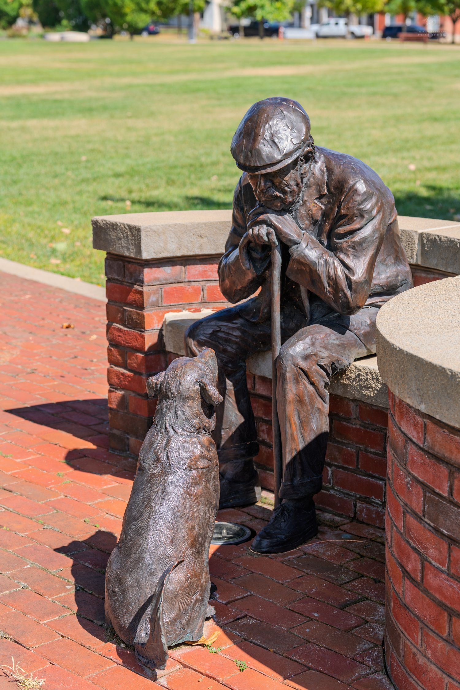 Bronze statue of an elderly man sitting on a brick wall with a dog looking up at him in a sunny park.