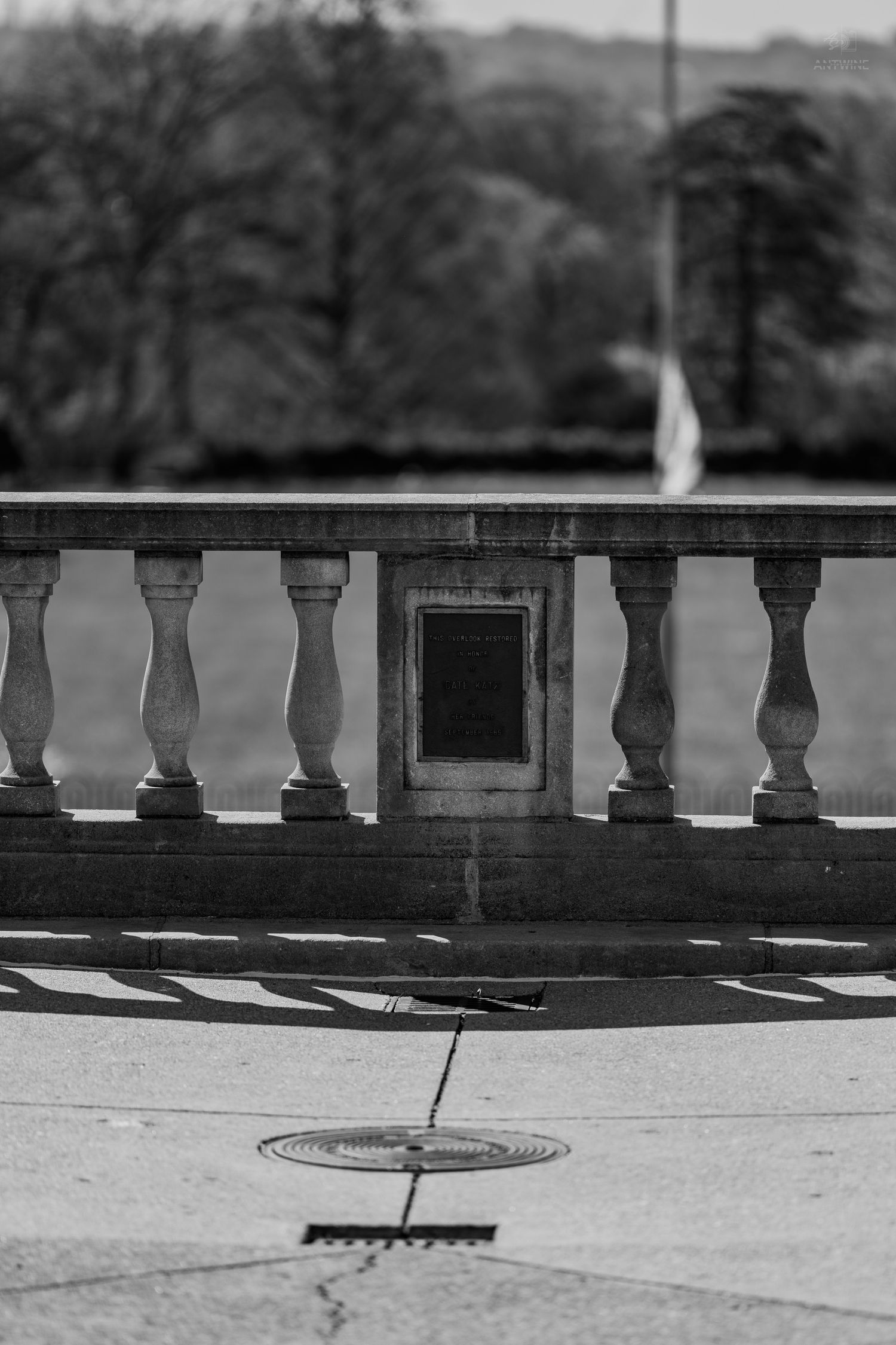 Black and white close-up of a stone balustrade with a memorial plaque and circular drain on a terrace.