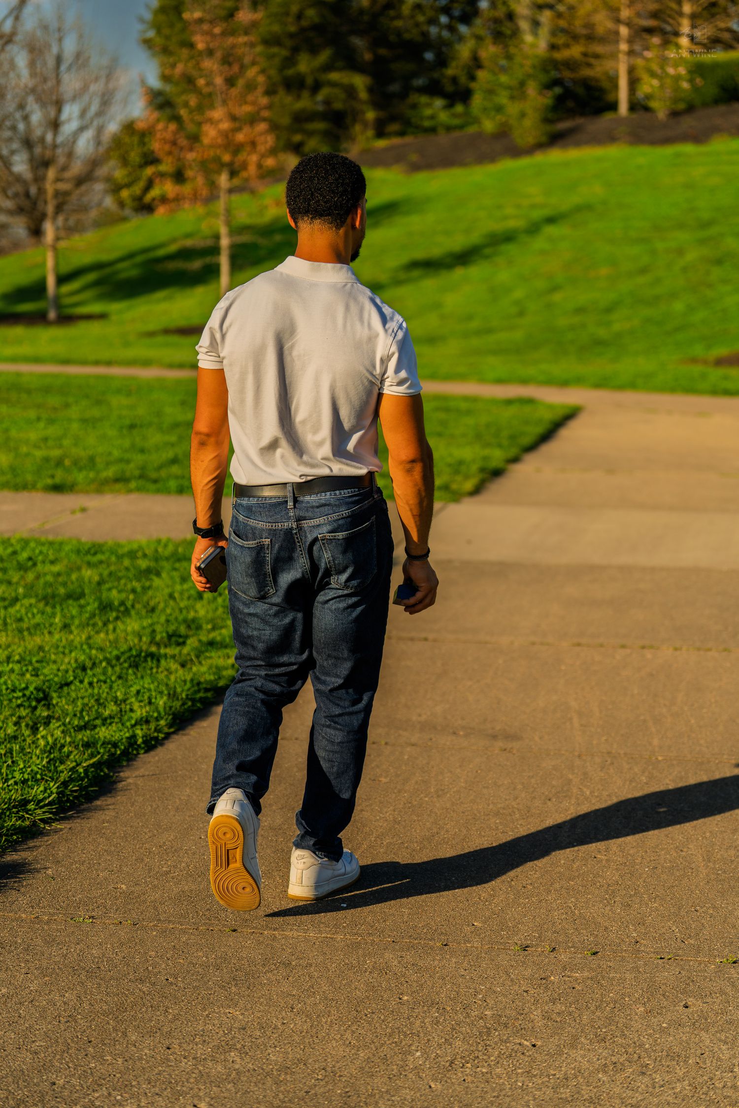 Rear view of a man in a white t-shirt and jeans walking on a sunlit park path.