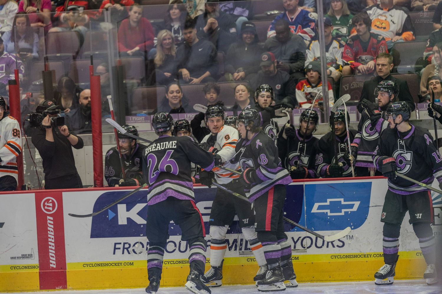Cincinnati Cyclones hockey players in purple jerseys celebrate goal together along the boards with cheering fans.